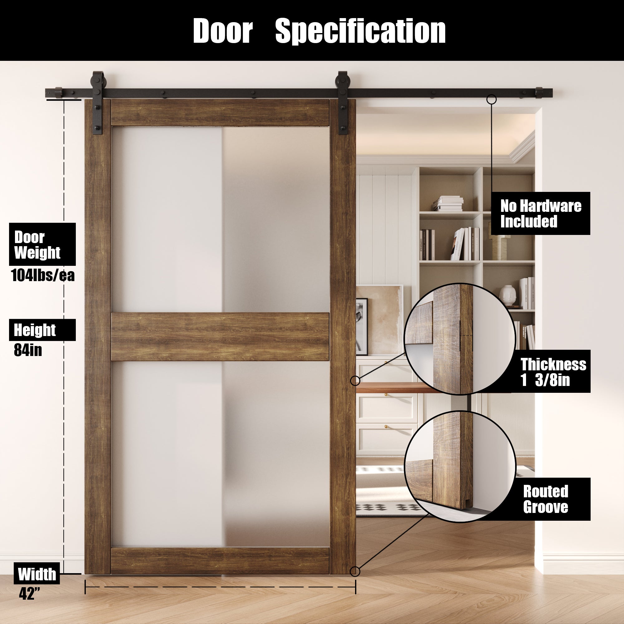 84" Height Dark Walnut 2-Lite Frosted Glass Unassembled & Finished Pine Wood Barn Door (Interior Use Only)