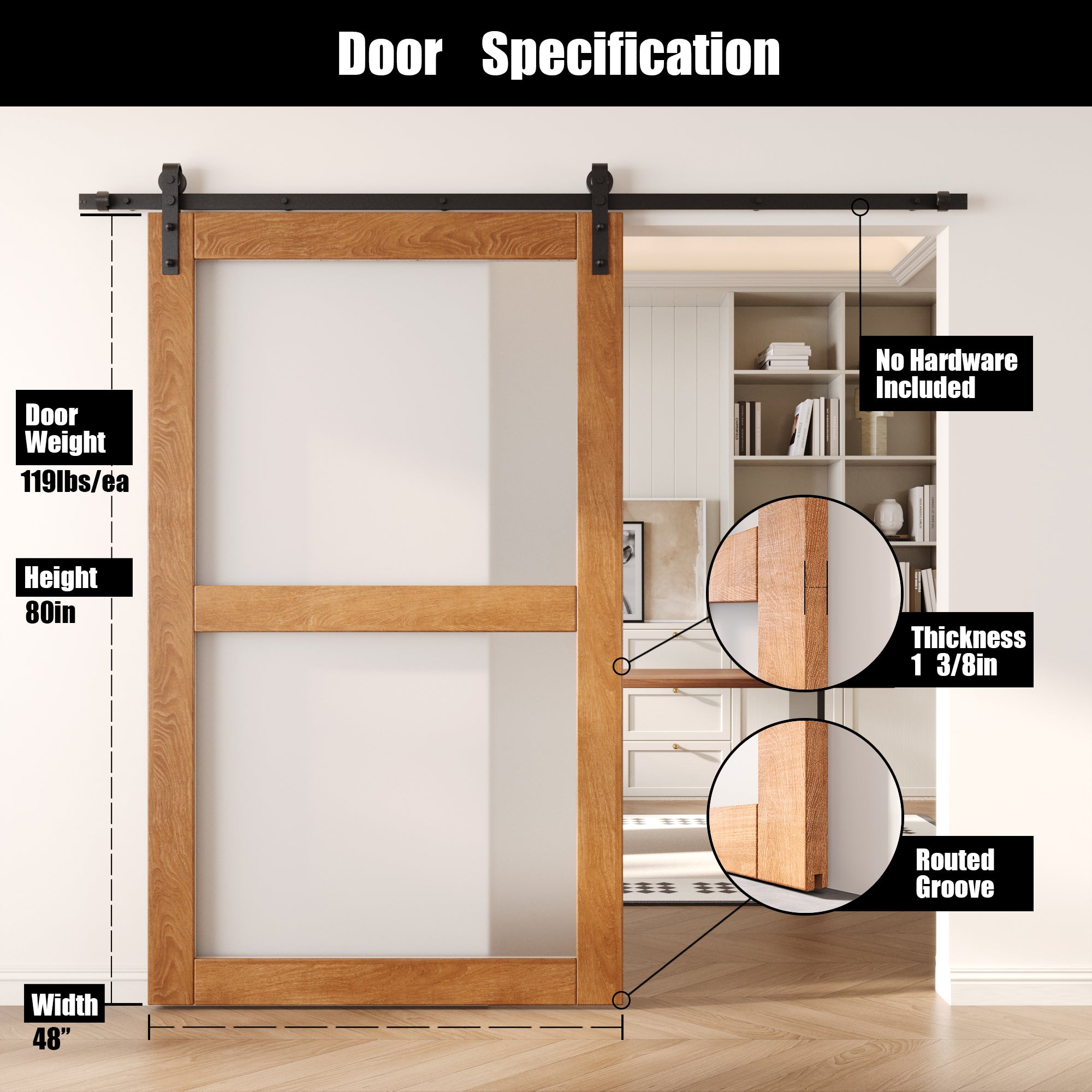 80" Height Early American 2-Lite Frosted Glass Unassembled & Finished Pine Wood Barn Door (Interior Use Only)