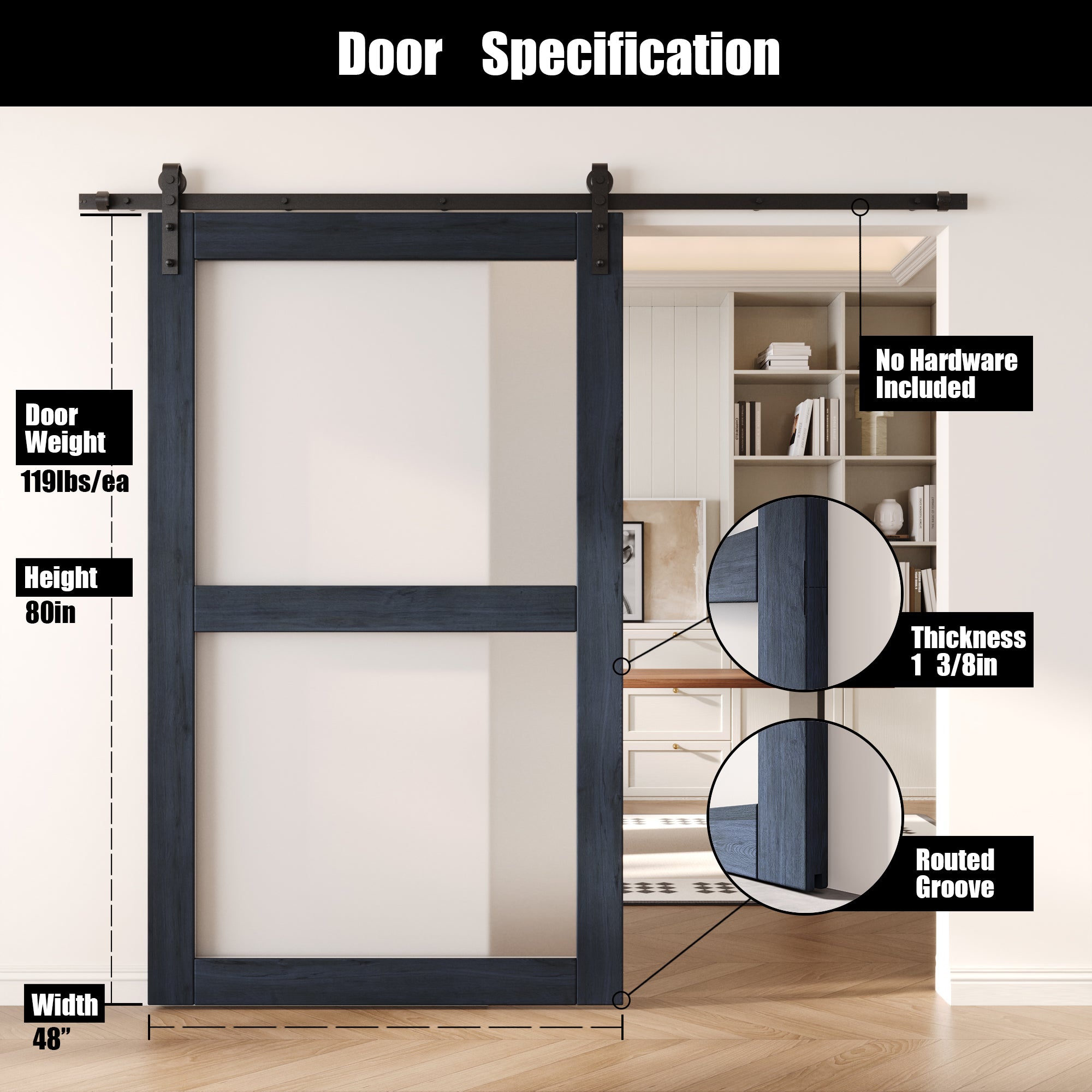 80" Height Navy 2-Lite Frosted Glass Unassembled & Finished Pine Wood Barn Door (Interior Use Only)