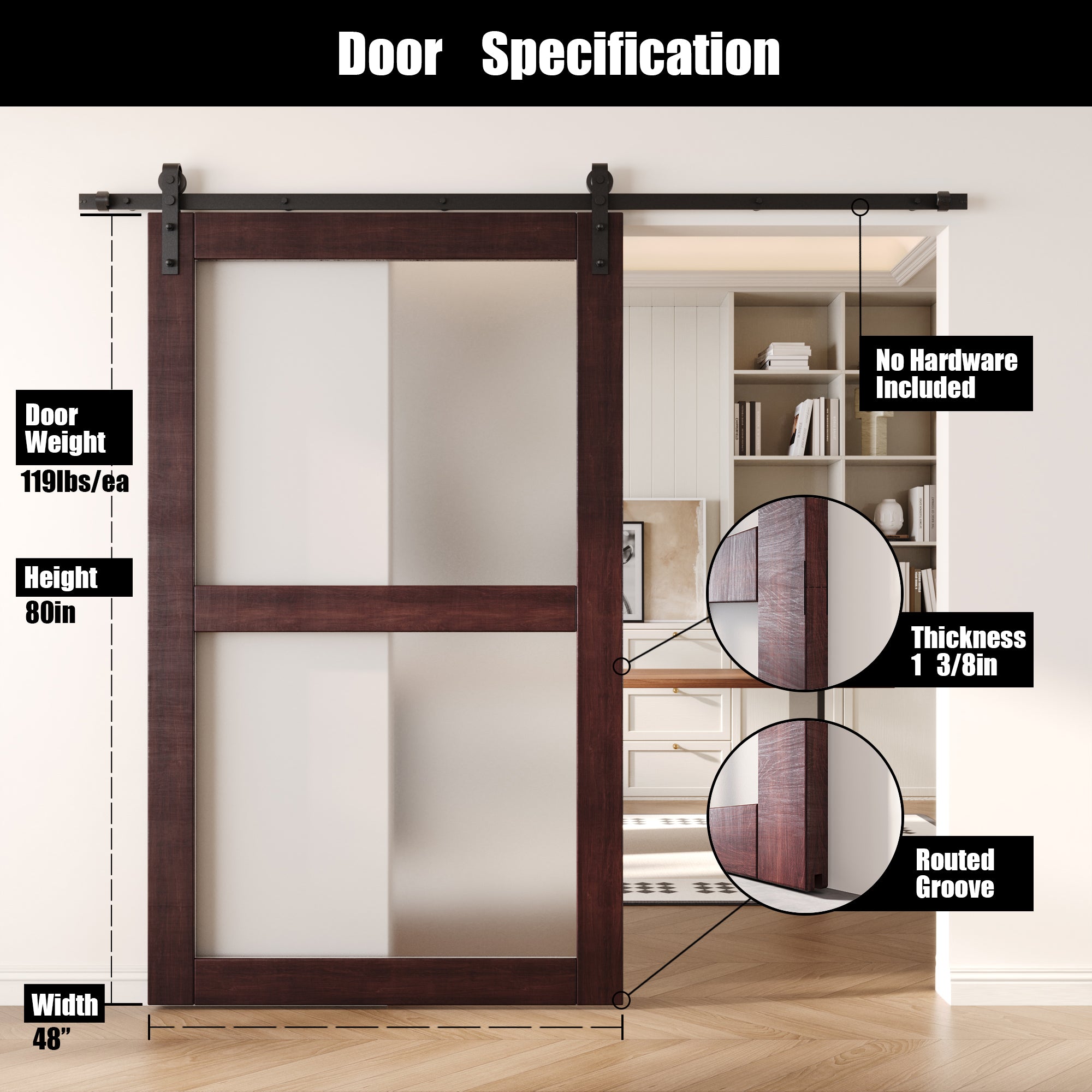 80" Height Red Mahogany 2-Lite Frosted Glass Unassembled & Finished Pine Wood Barn Door (Interior Use Only)
