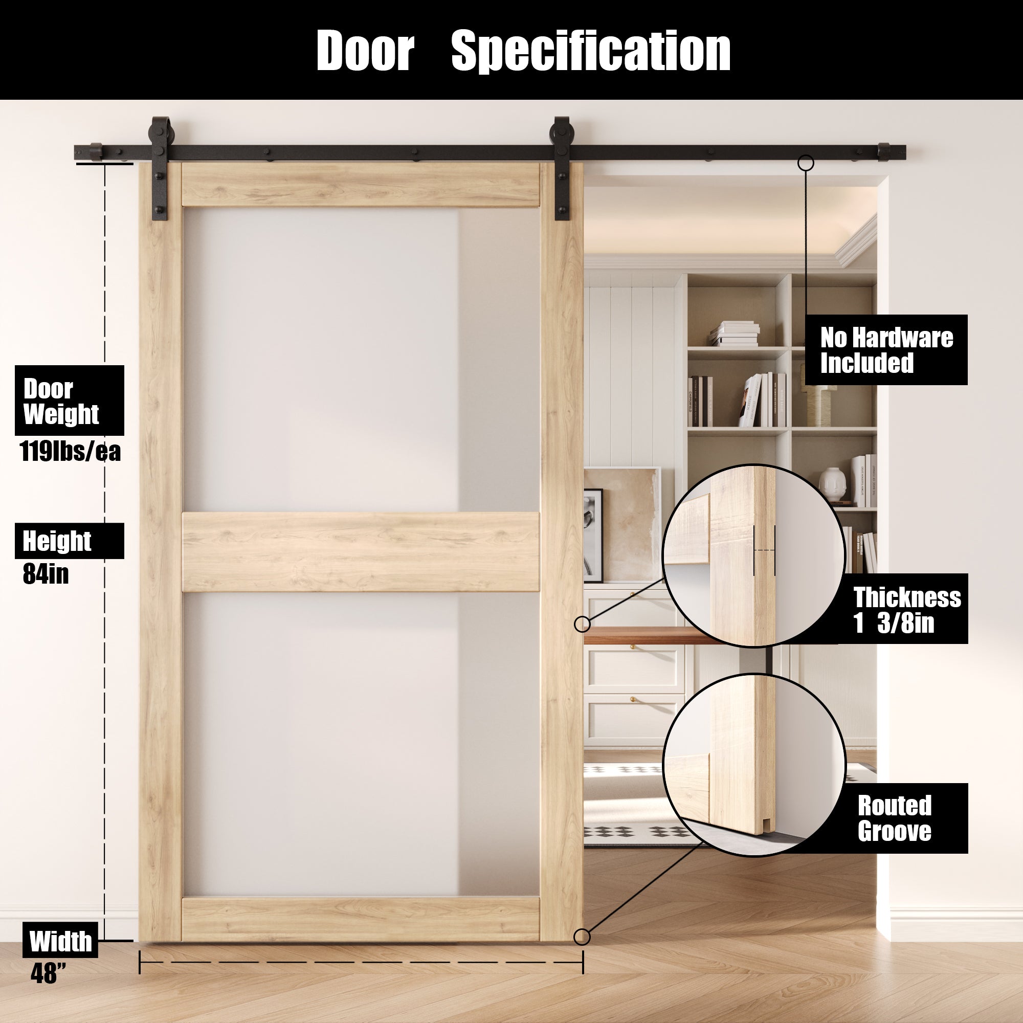 84" Height 2-Lite Frosted Glass Unassembled & Unfinished Pine Wood Barn Door (Interior Use Only)