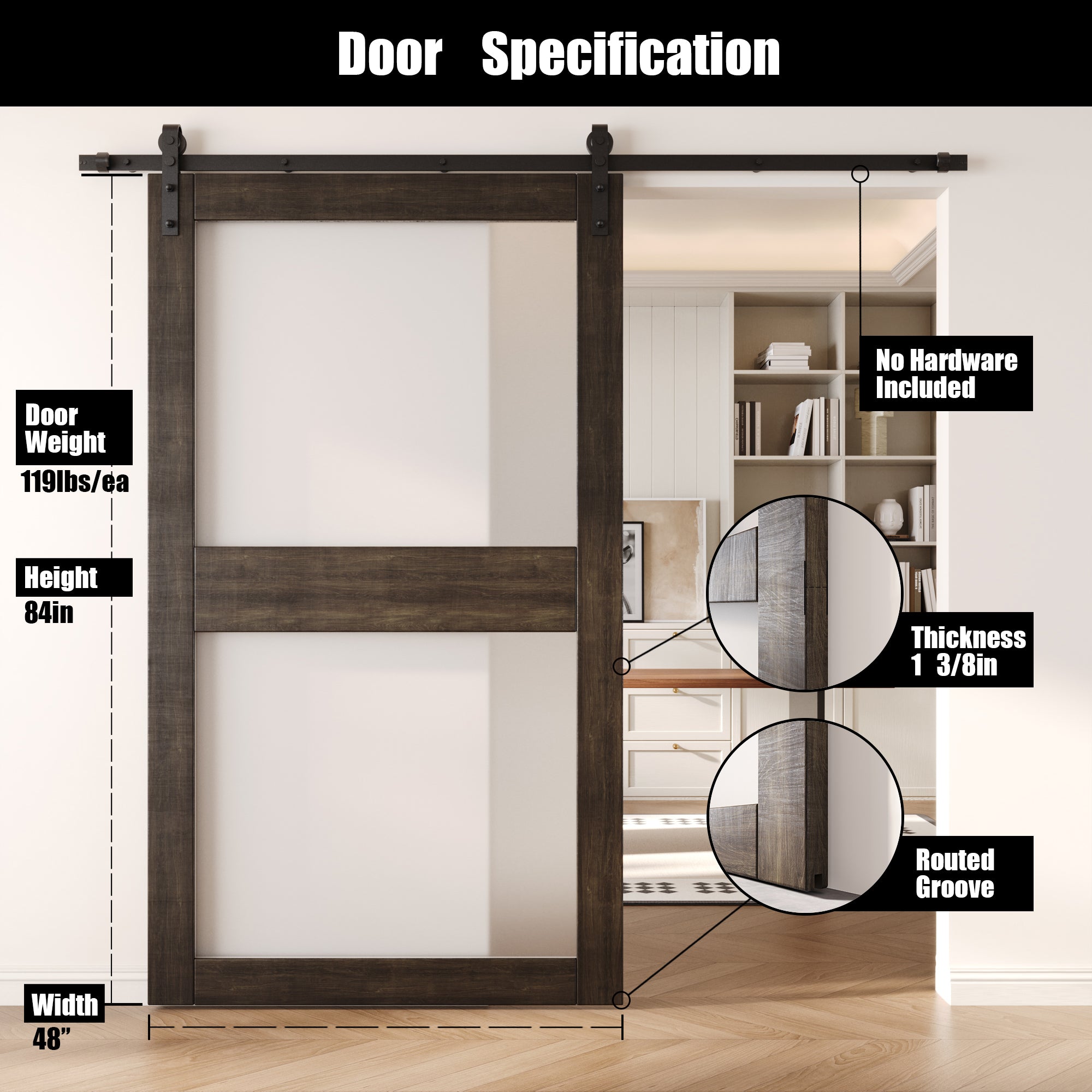 84" Height Ebony 2-Lite Frosted Glass Unassembled & Finished Pine Wood Barn Door (Interior Use Only)
