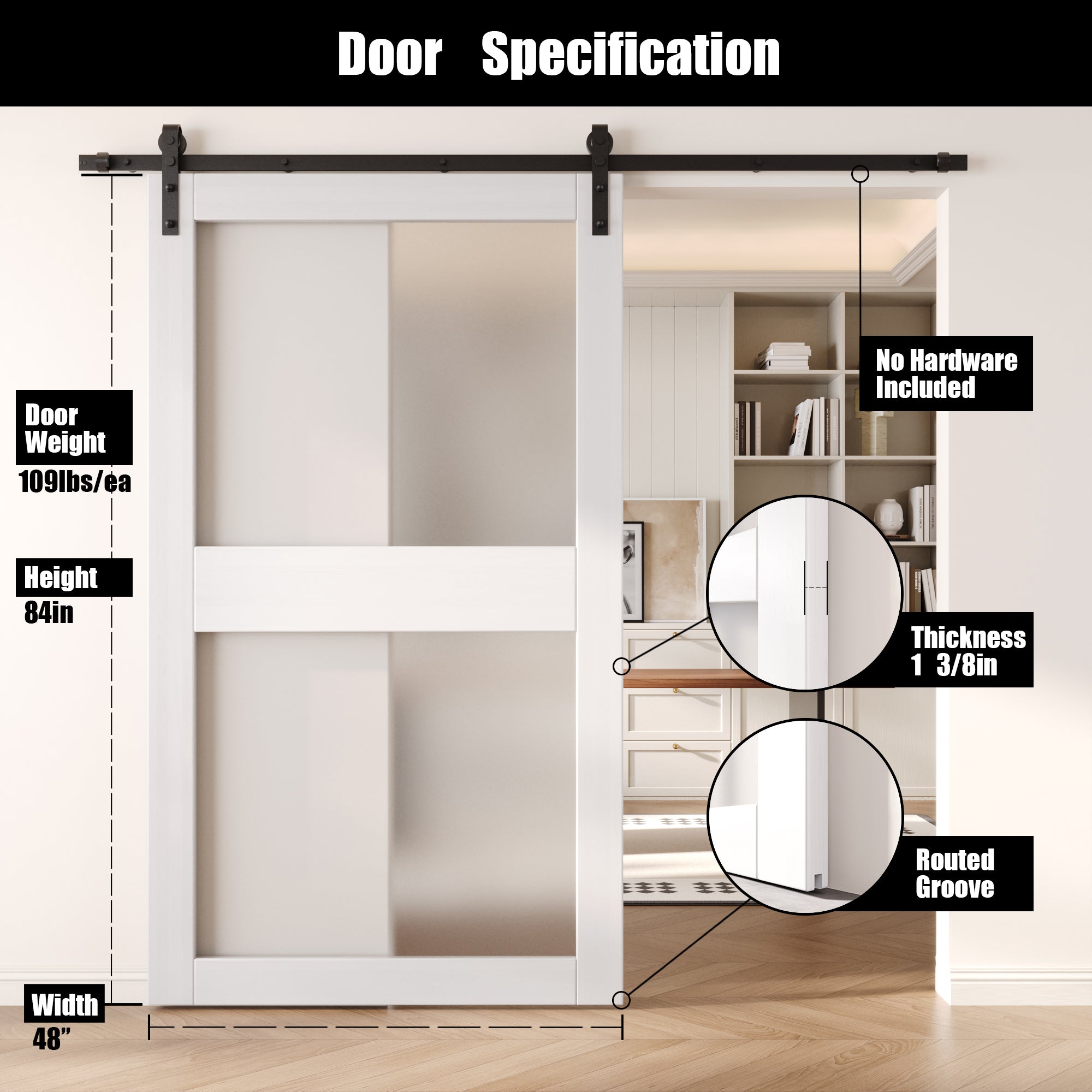 80" Height White 2-Lite Frosted Glass Unassembled & Finished Pine Wood Barn Door (Interior Use Only)