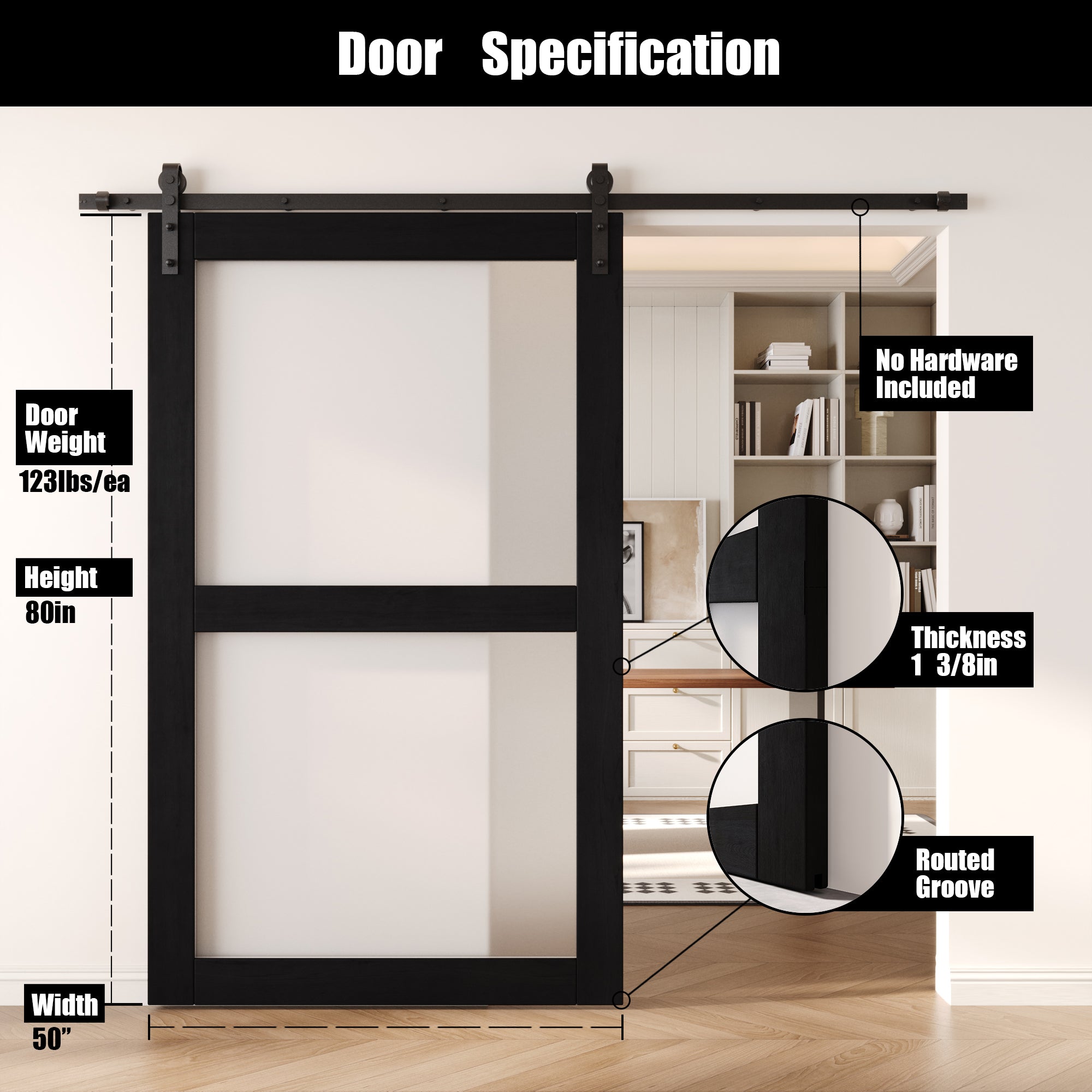 80" Height Black 2-Lite Frosted Glass Unassembled & Finished Pine Wood Barn Door (Interior Use Only)