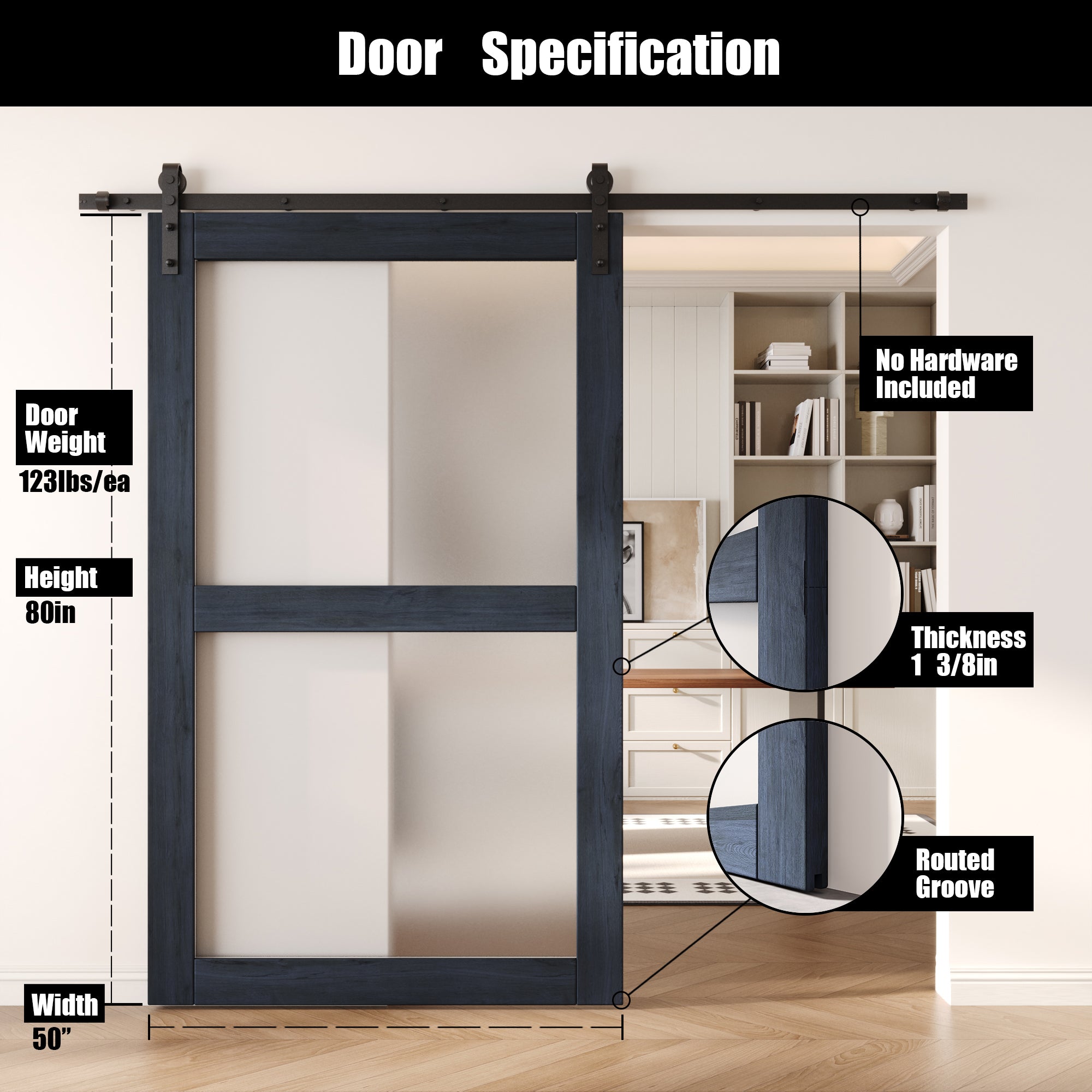 80" Height Navy 2-Lite Frosted Glass Unassembled & Finished Pine Wood Barn Door (Interior Use Only)
