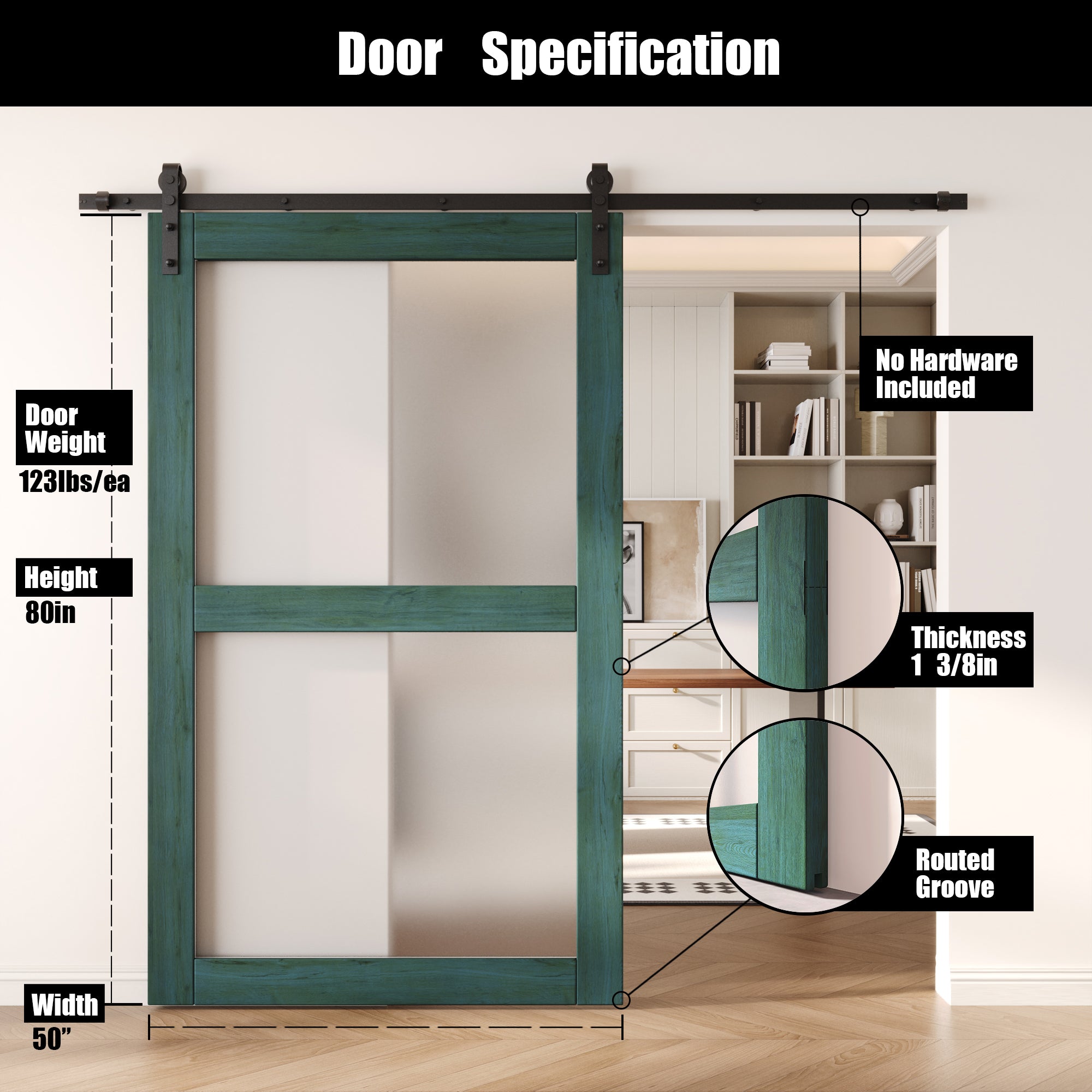 80" Height Royal Pine 2-Lite Frosted Glass Unassembled & Finished Pine Wood Barn Door (Interior Use Only)