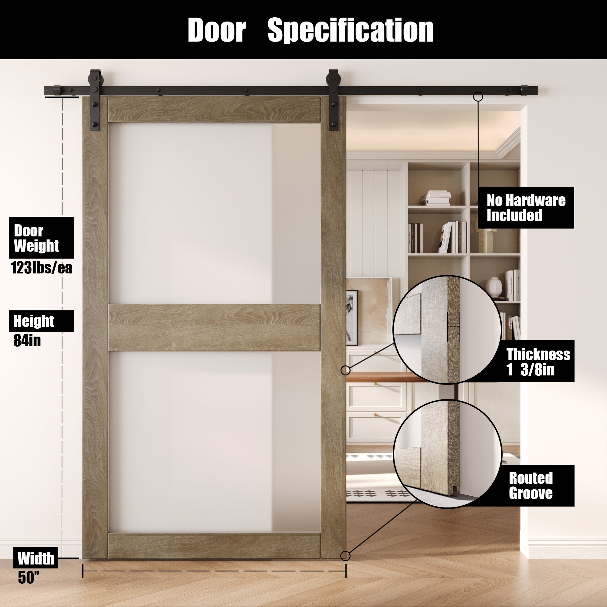 84" Height Classic Gray 2-Lite Frosted Glass Unassembled & Finished Pine Wood Barn Door (Interior Use Only)