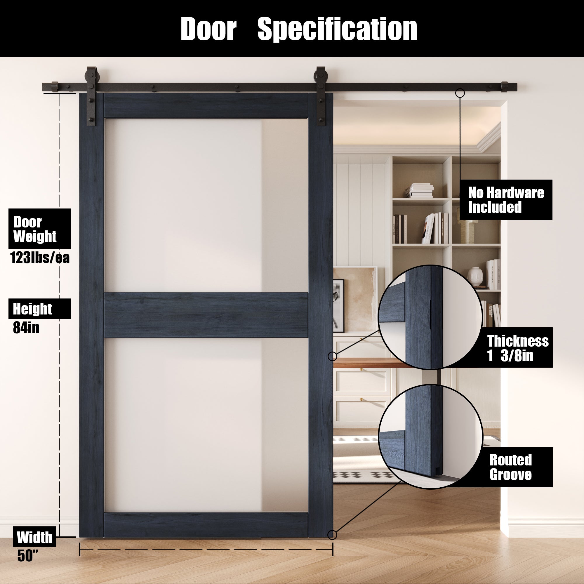 84" Height Navy 2-Lite Frosted Glass Unassembled & Finished Pine Wood Barn Door (Interior Use Only)