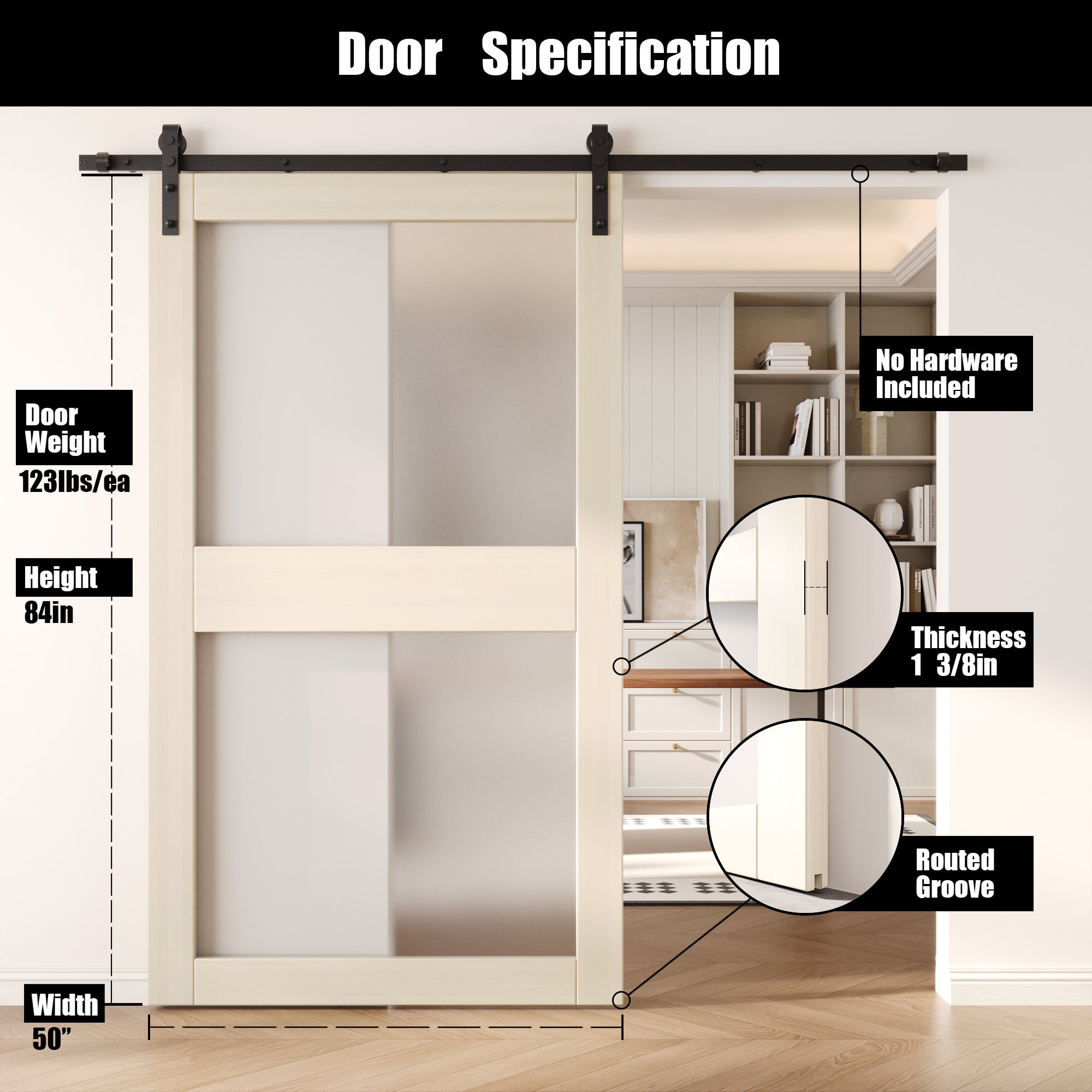 84" Height Tinsmith Gray 2-Lite Frosted Glass Unassembled & Finished Pine Wood Barn Door (Interior Use Only)