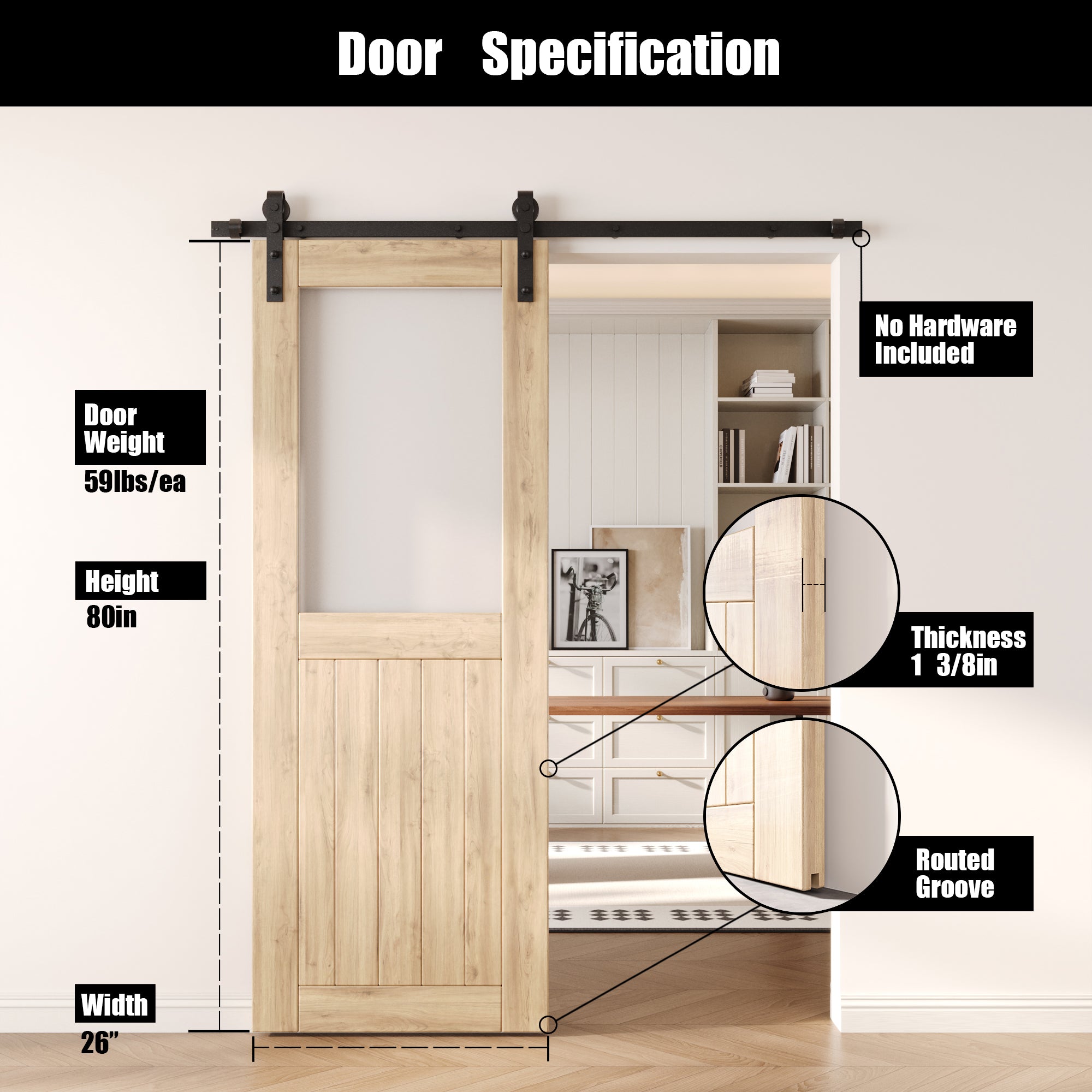 80" Height Half Lite Frosted Glass Unassembled & Unfinished Pine Wood Barn Door (Interior Use Only)