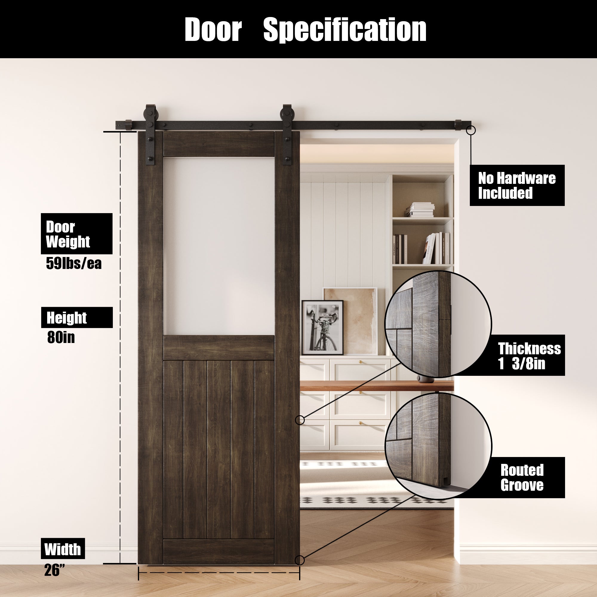 80" Height Ebony Half Lite Frosted Glass Unassembled & Finished Pine Wood Barn Door (Interior Use Only)