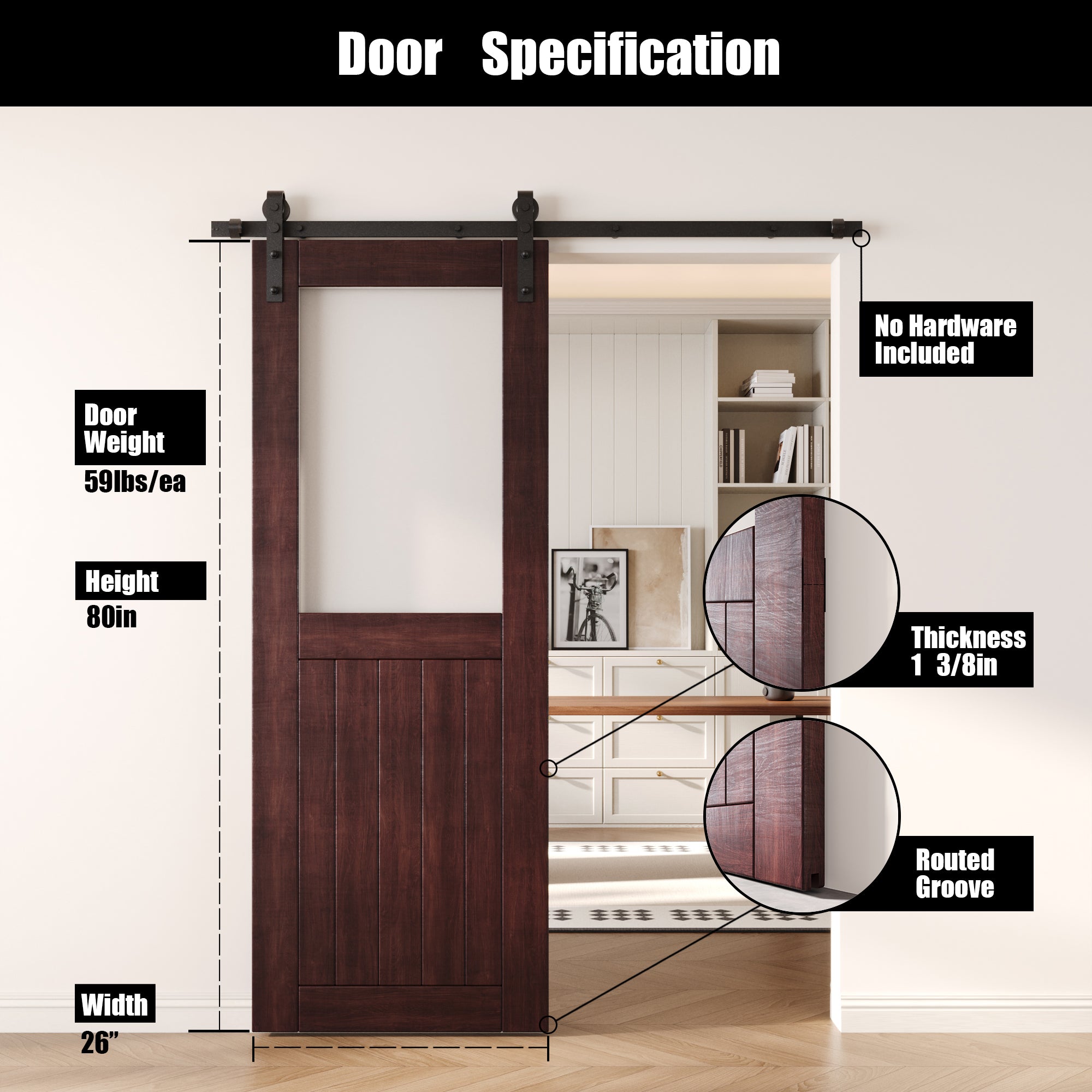80" Height Red Mahogany Half Lite Frosted Glass Unassembled & Finished Pine Wood Barn Door (Interior Use Only)