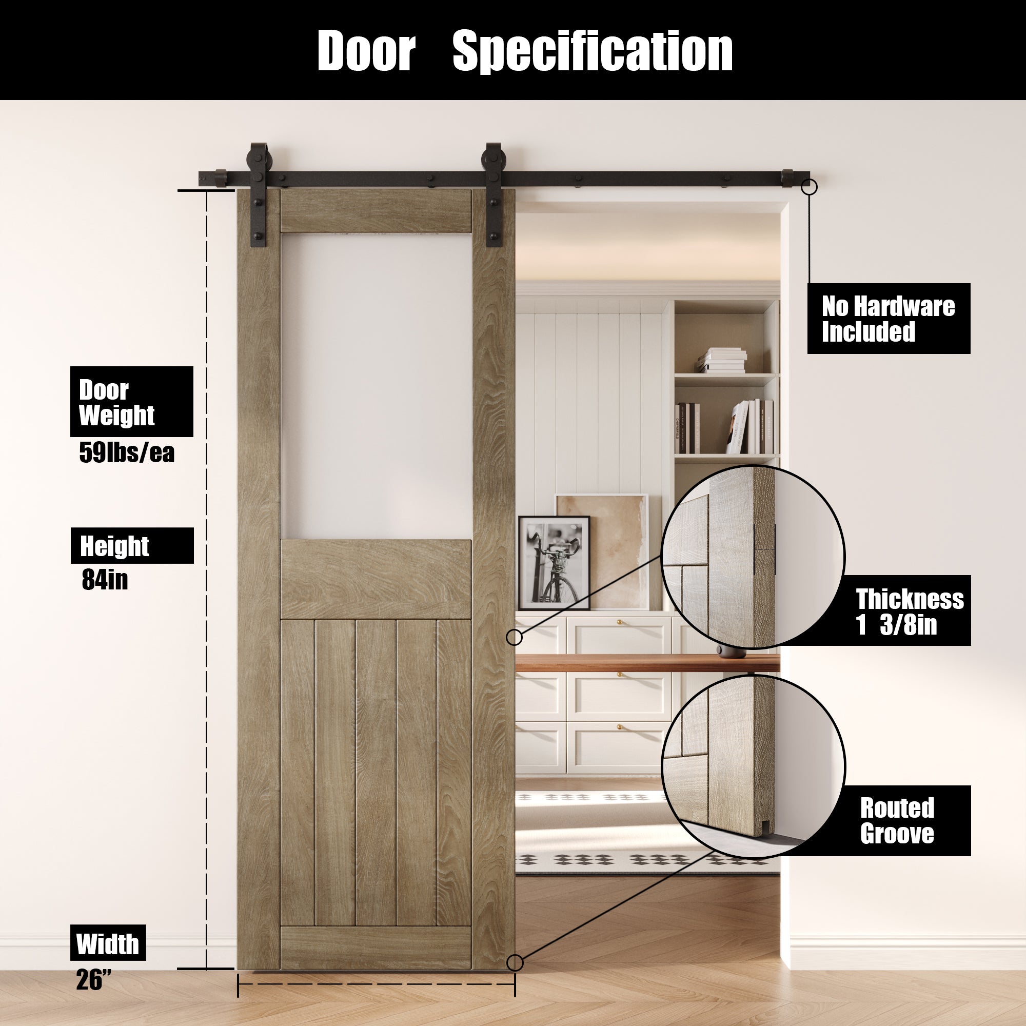 84" Height Classic Gray Half Lite Frosted Glass Unassembled & Finished Pine Wood Barn Door (Interior Use Only)