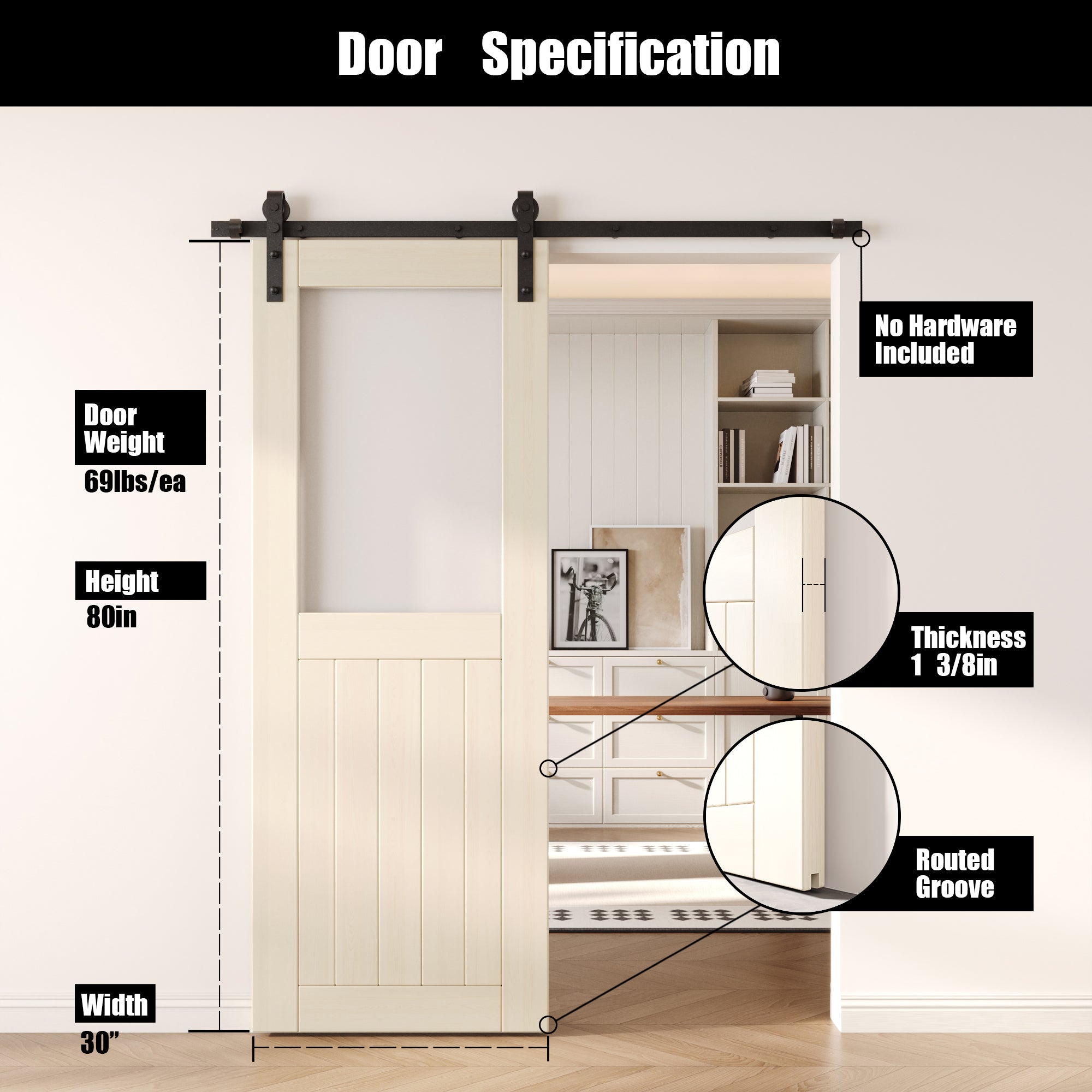 80" Height Tinsmith Gray Half Lite Frosted Glass Unassembled & Finished Pine Wood Barn Door (Interior Use Only)