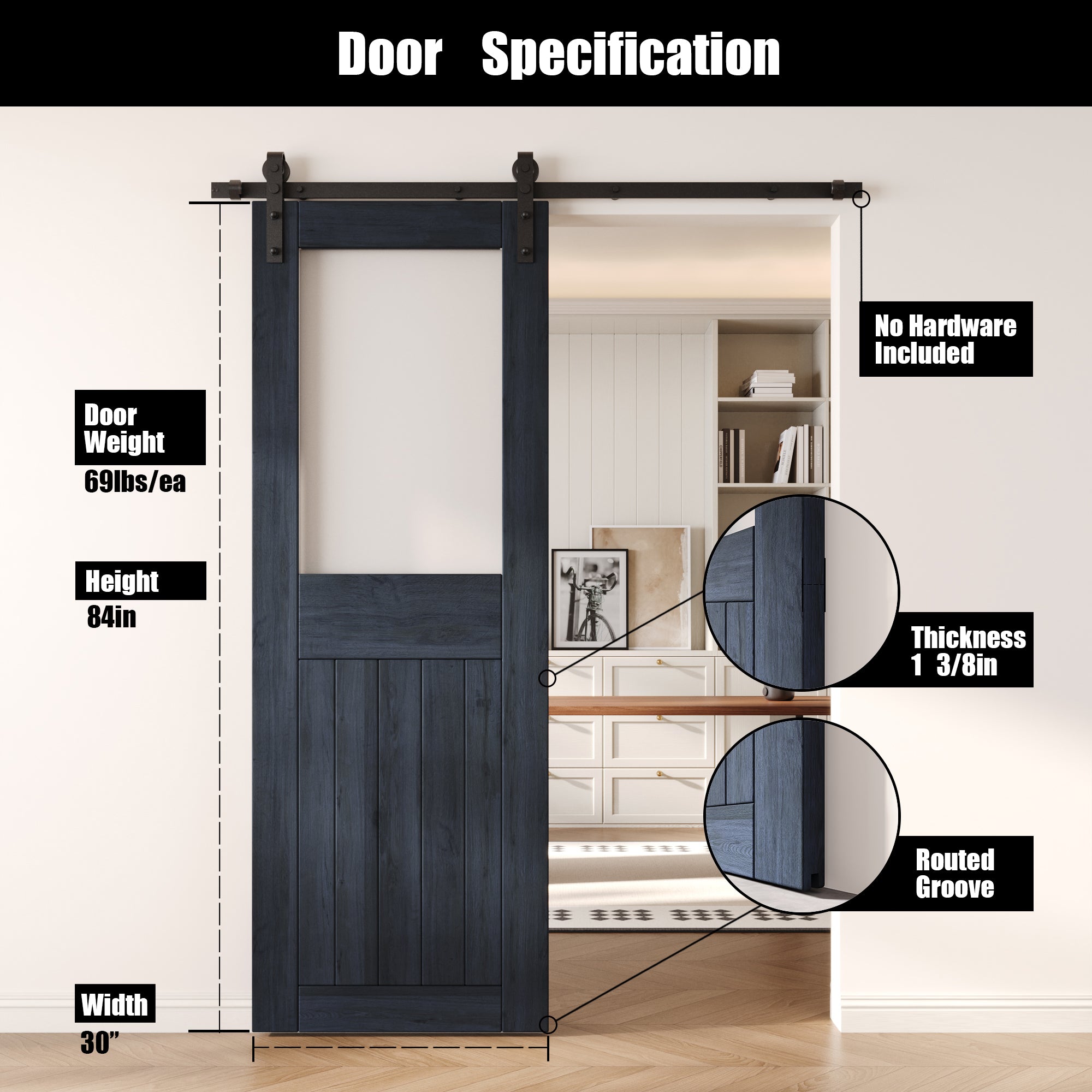 84" Height Navy Half Lite Frosted Glass Unassembled & Finished Pine Wood Barn Door (Interior Use Only)