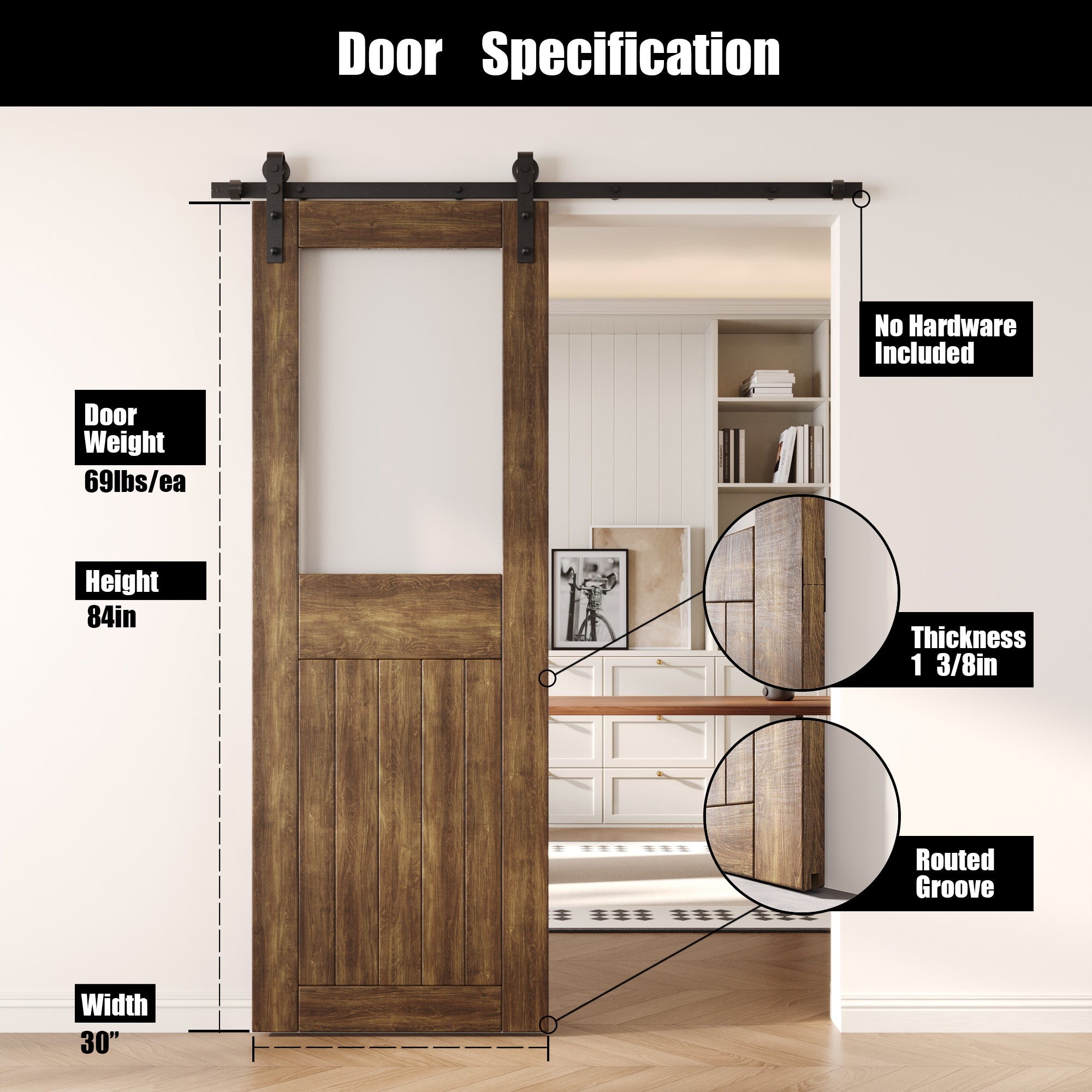 84" Height Dark Walnut Half Lite Frosted Glass Unassembled & Finished Pine Wood Barn Door (Interior Use Only)