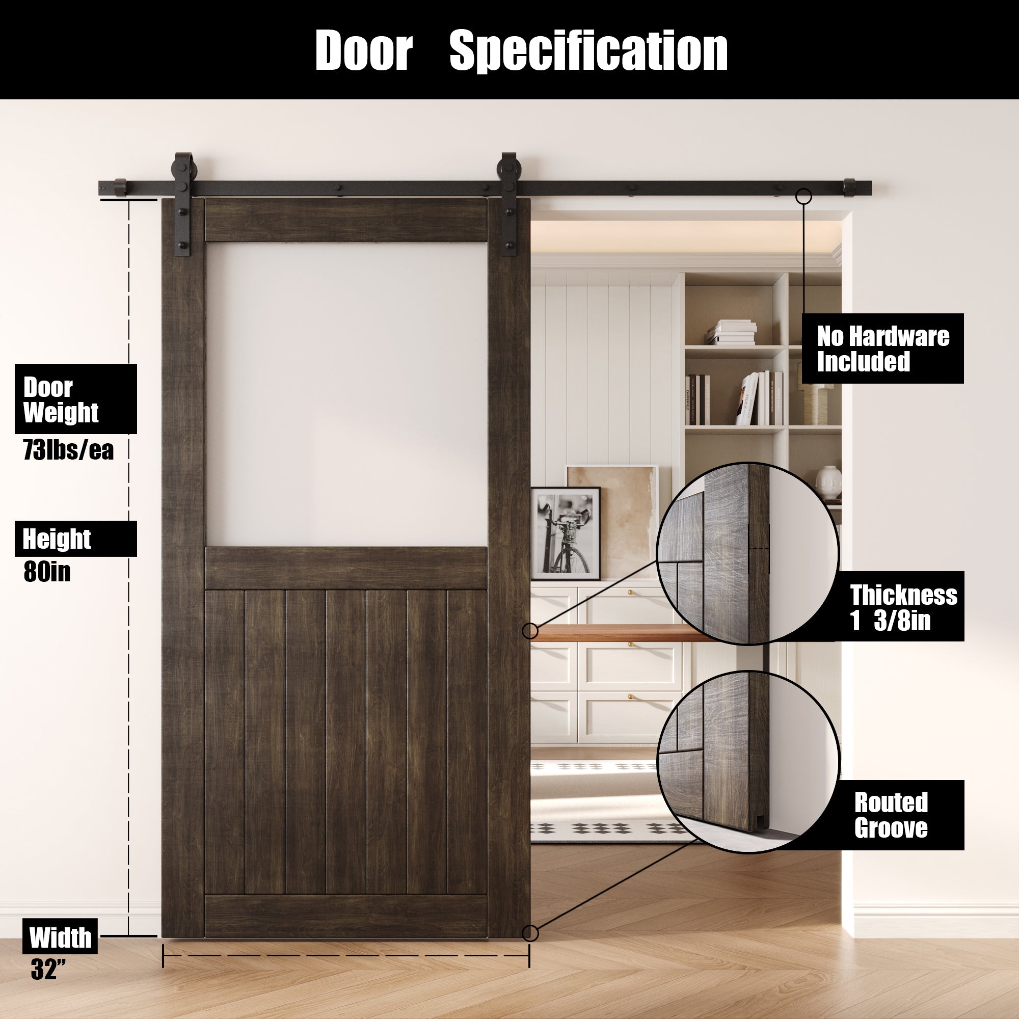 80" Height Ebony Half Lite Frosted Glass Unassembled & Finished Pine Wood Barn Door (Interior Use Only)