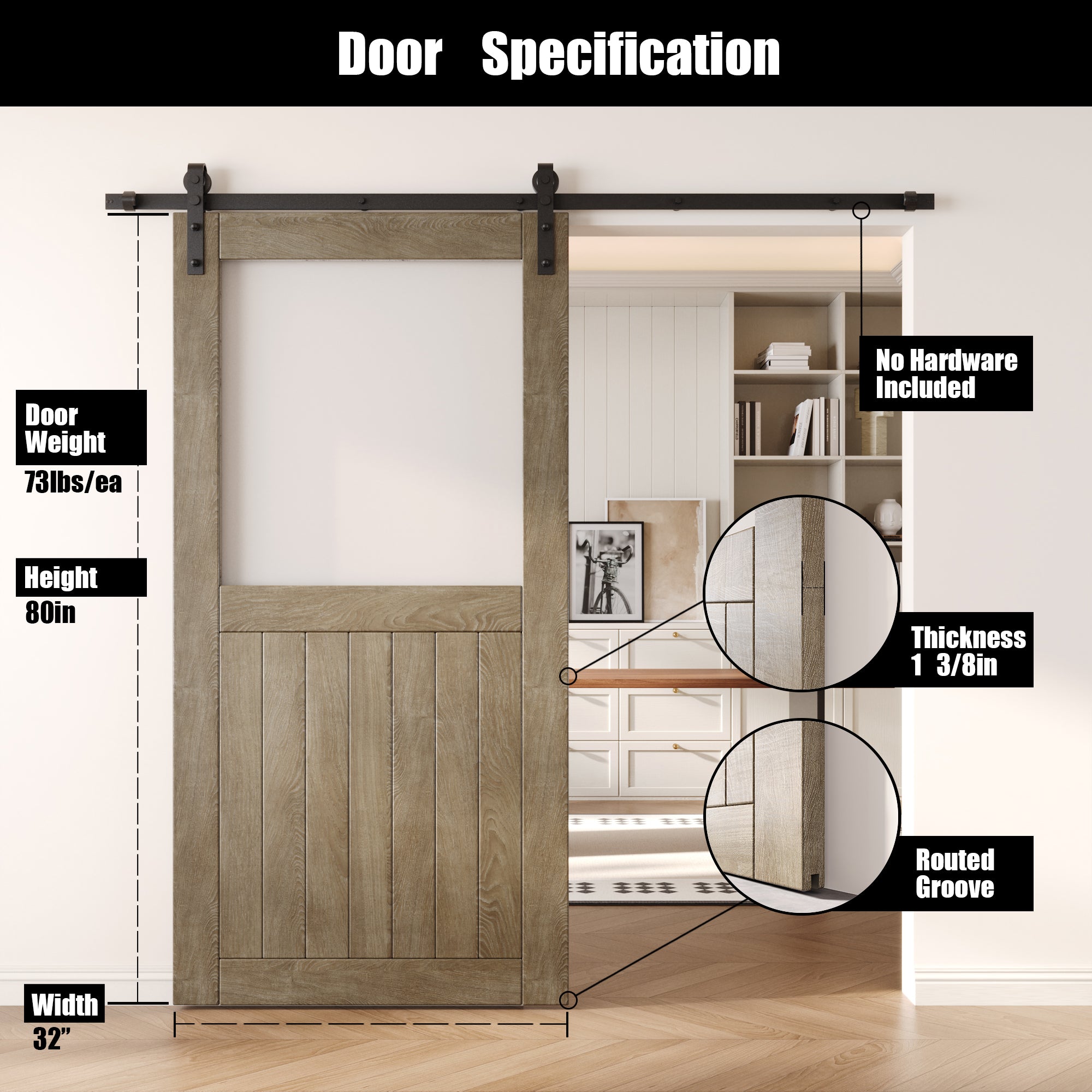 80" Height Classic Gray Half Lite Frosted Glass Unassembled & Finished Pine Wood Barn Door (Interior Use Only)