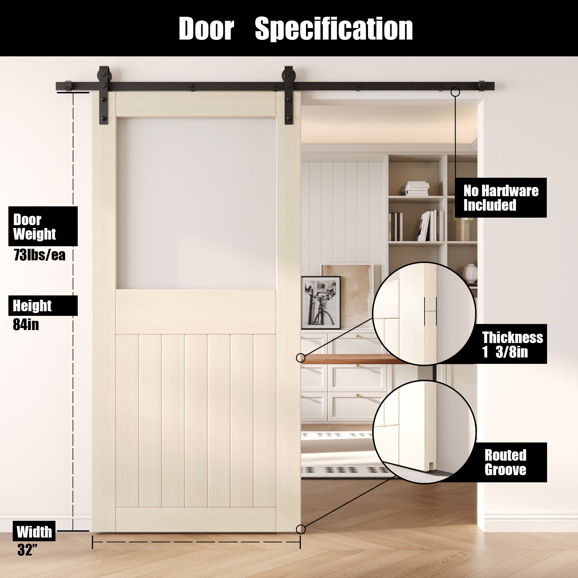 84" Height Tinsmith Gray Half Lite Frosted Glass Unassembled & Finished Pine Wood Barn Door (Interior Use Only)