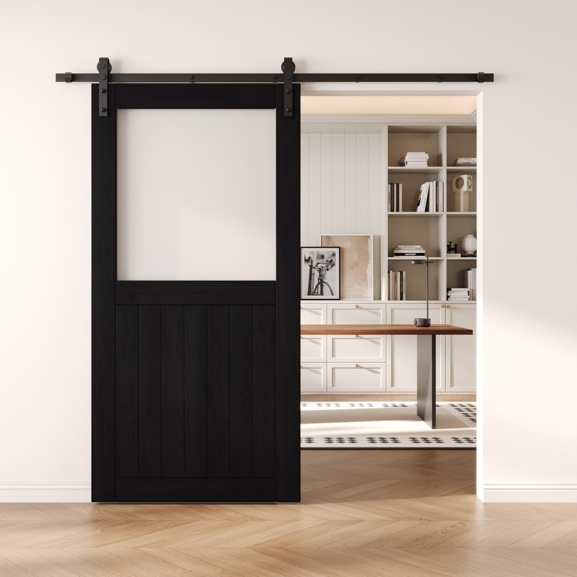 80" Height Black Half Lite Frosted Glass Unassembled & Finished Pine Wood Barn Door (Interior Use Only)