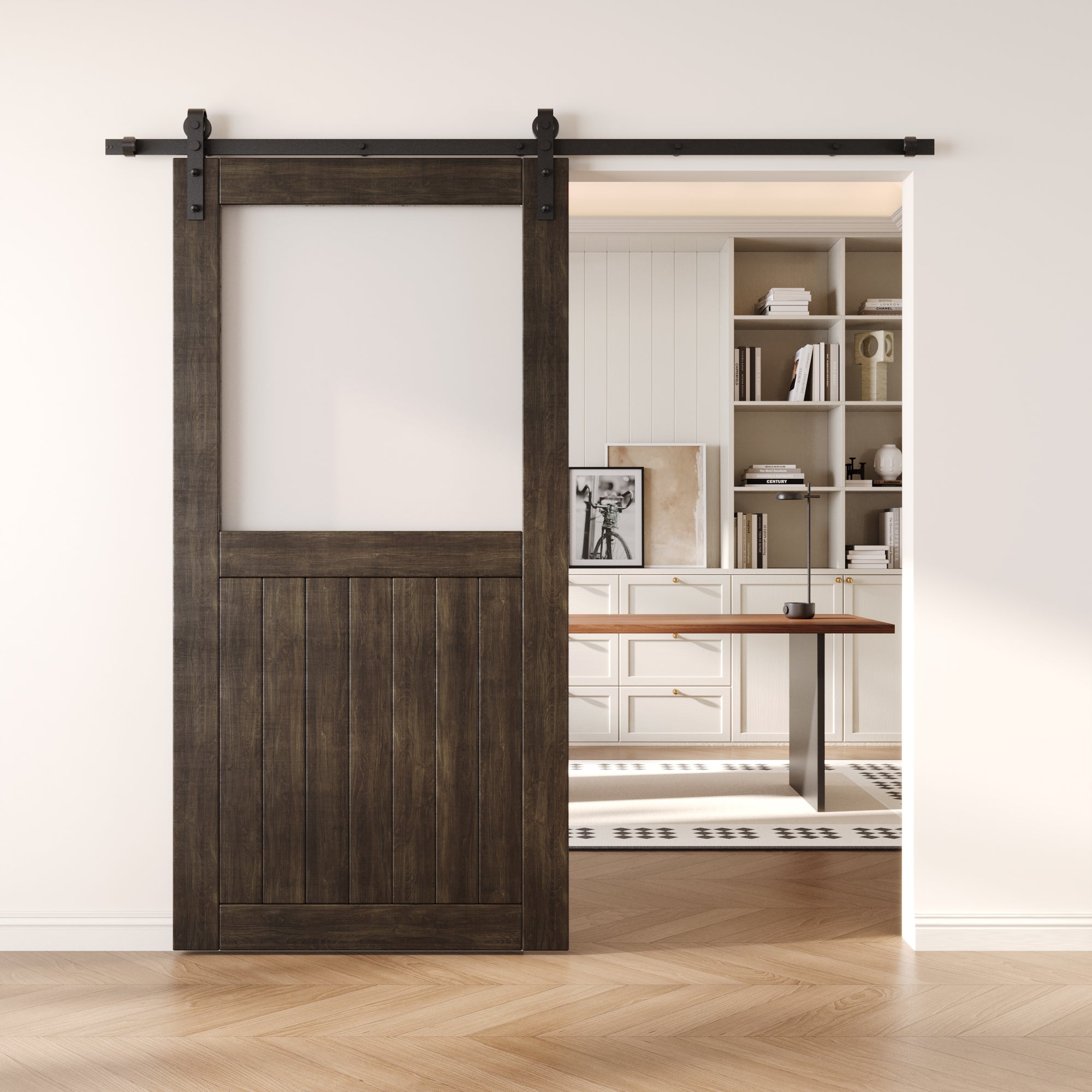 80" Height Ebony Half Lite Frosted Glass Unassembled & Finished Pine Wood Barn Door (Interior Use Only)