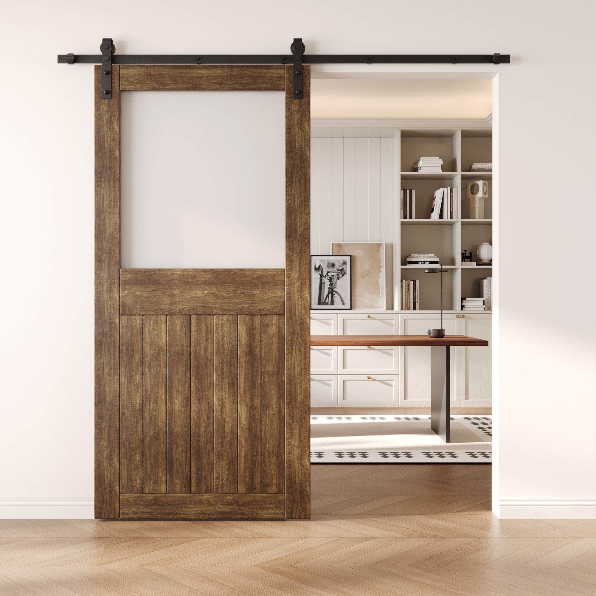84" Height Dark Walnut Half Lite Frosted Glass Unassembled & Finished Pine Wood Barn Door (Interior Use Only)