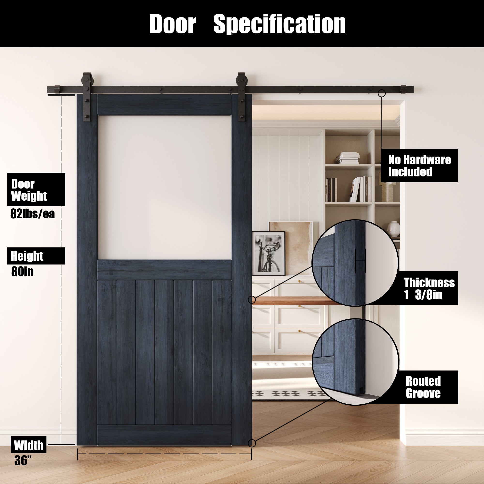 80" Height Navy Half Lite Frosted Glass Unassembled & Finished Pine Wood Barn Door (Interior Use Only)