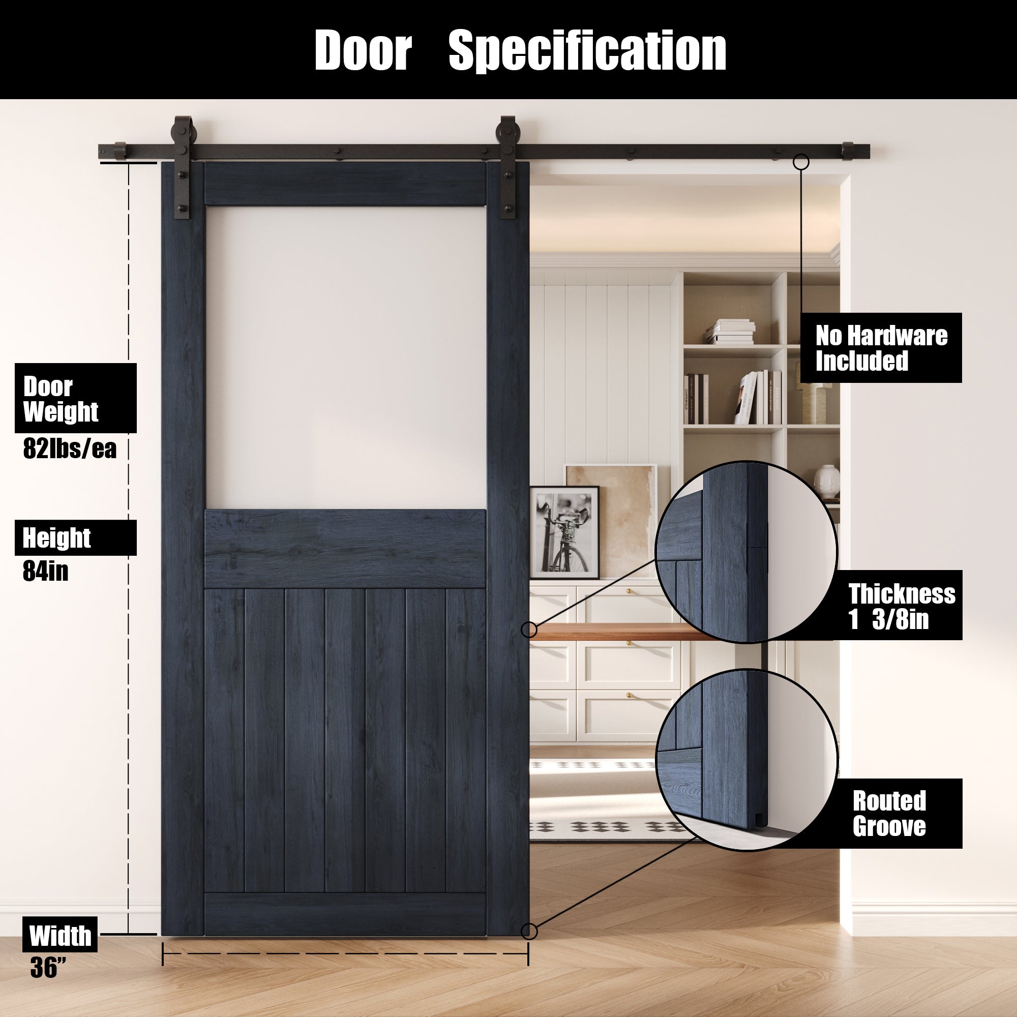 84" Height Navy Half Lite Frosted Glass Unassembled & Finished Pine Wood Barn Door (Interior Use Only)