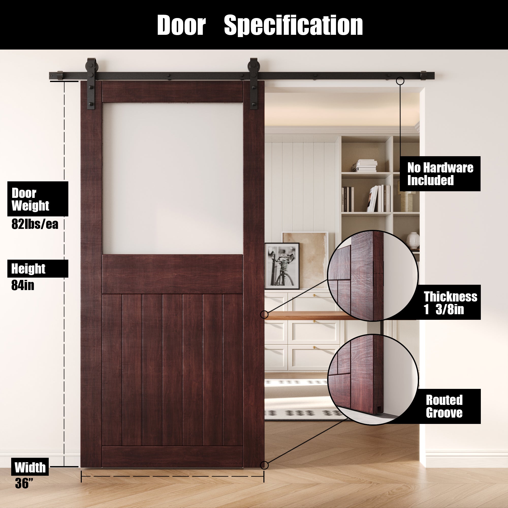 84" Height Red Mahogany Half Lite Frosted Glass Unassembled & Finished Pine Wood Barn Door (Interior Use Only)