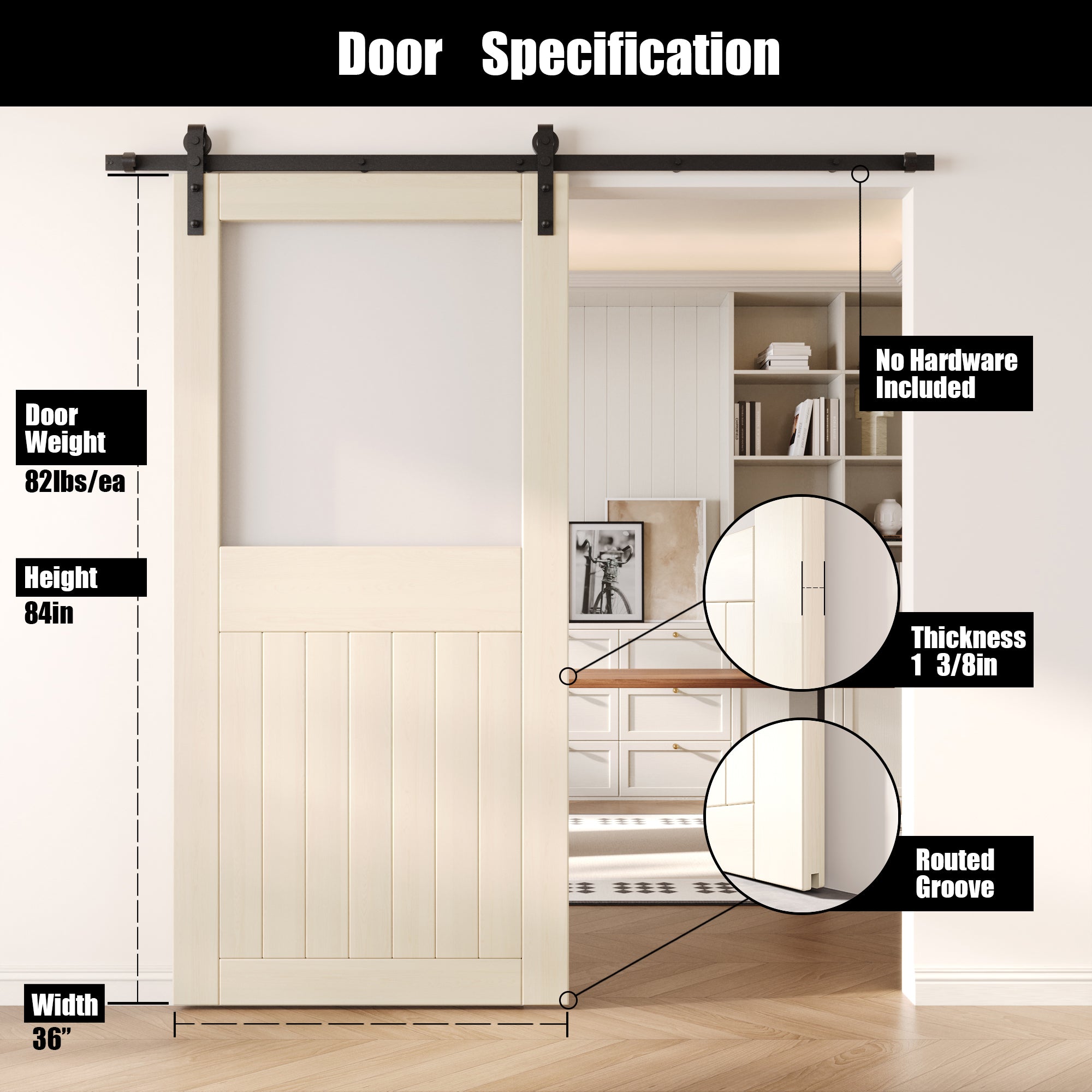 84" Height Tinsmith Gray Half Lite Frosted Glass Unassembled & Finished Pine Wood Barn Door (Interior Use Only)