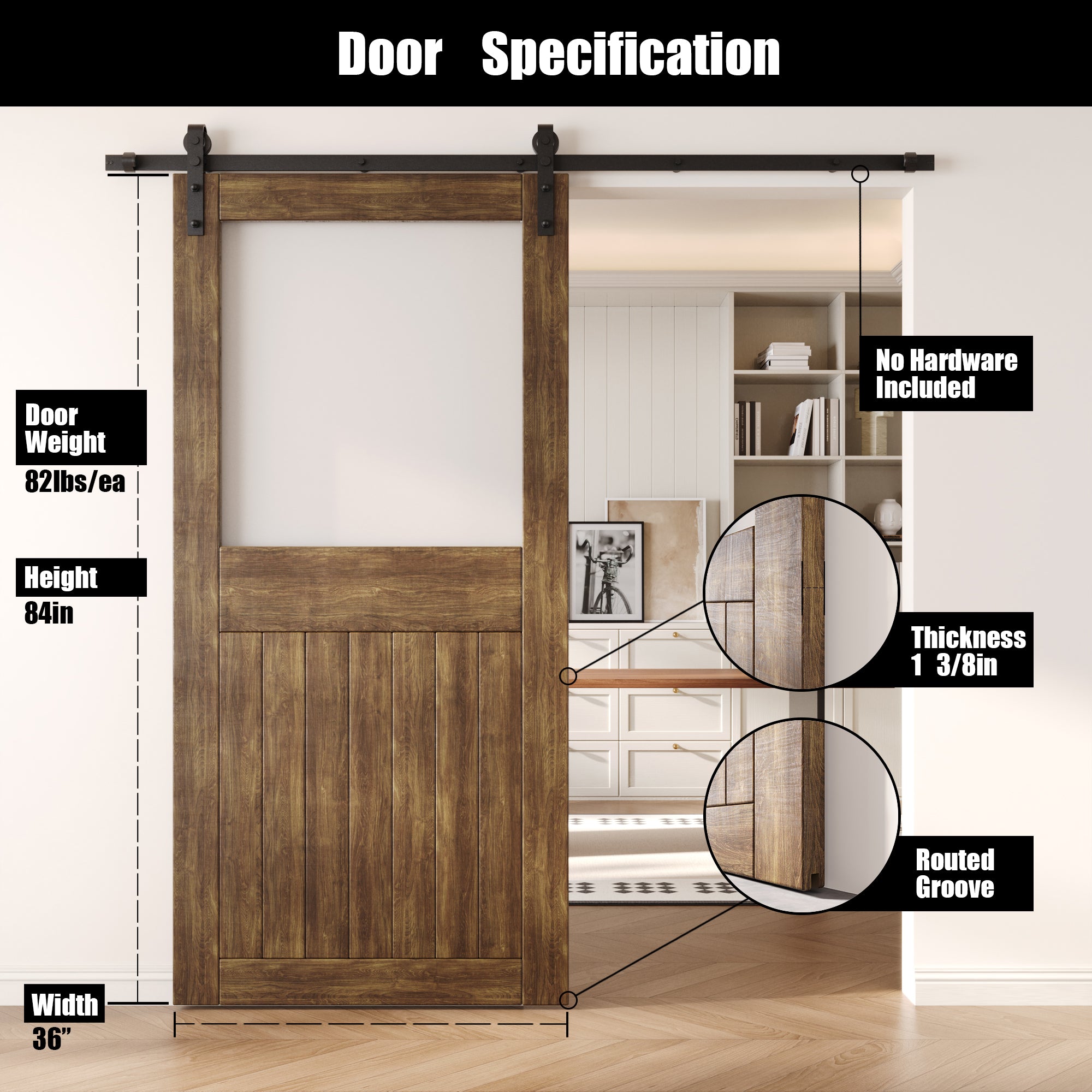 84" Height Dark Walnut Half Lite Frosted Glass Unassembled & Finished Pine Wood Barn Door (Interior Use Only)