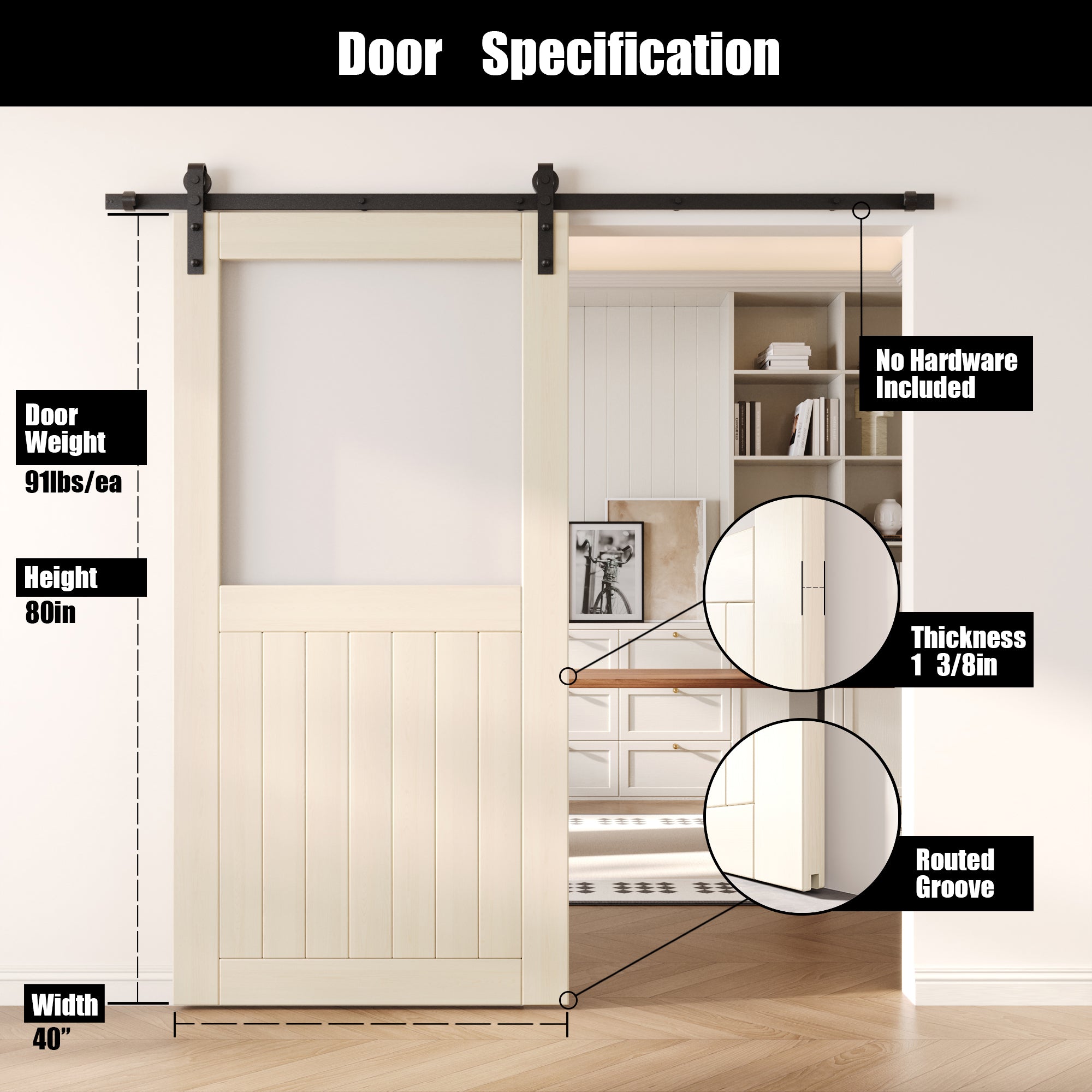 80" Height Tinsmith Gray Half Lite Frosted Glass Unassembled & Finished Pine Wood Barn Door (Interior Use Only)