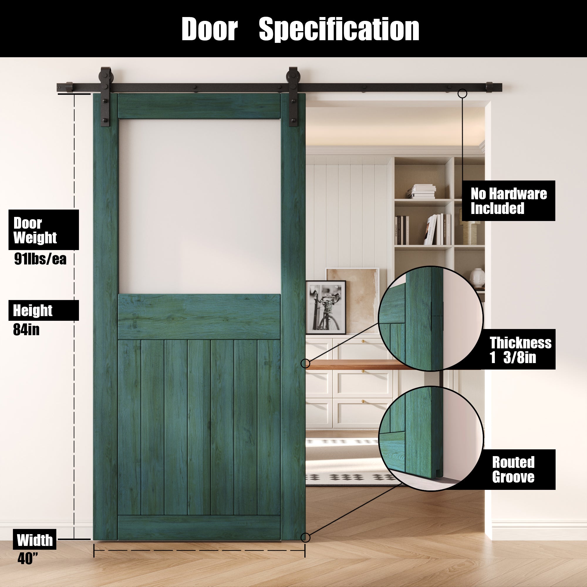 84" Height Royal Pine Half Lite Frosted Glass Unassembled & Finished Pine Wood Barn Door (Interior Use Only)