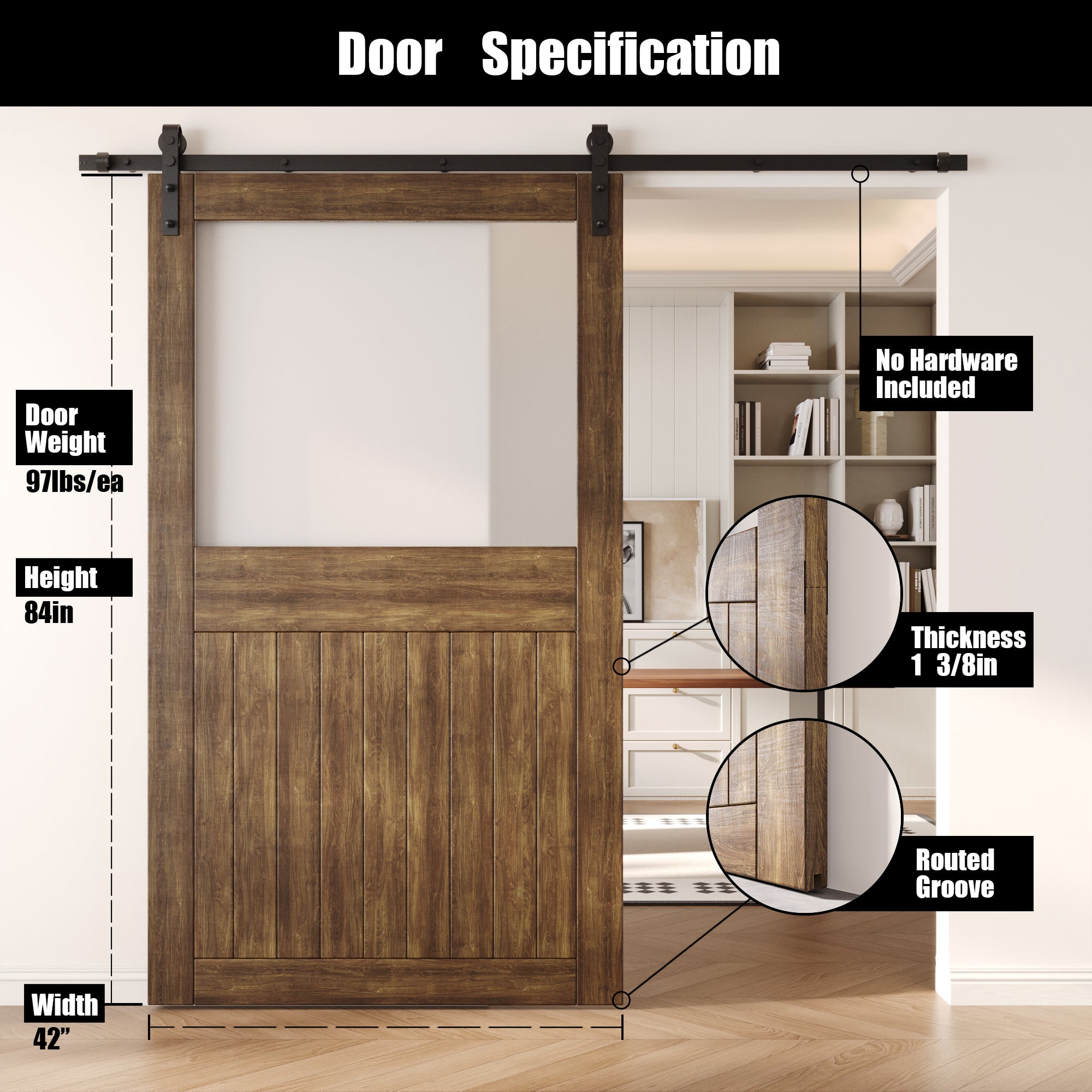 84" Height Dark Walnut Half Lite Frosted Glass Unassembled & Finished Pine Wood Barn Door (Interior Use Only)
