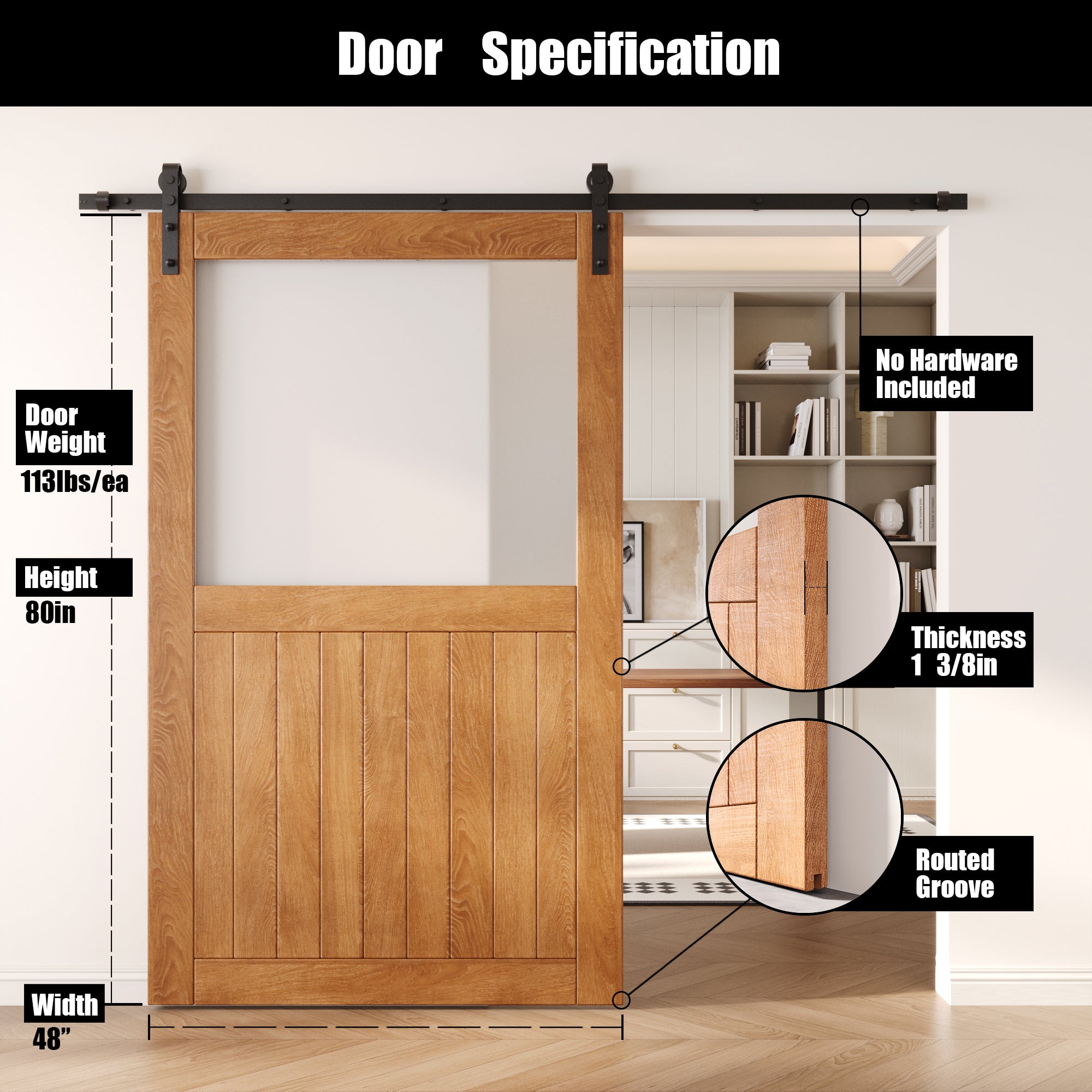 80" Height Early American Half Lite Frosted Glass Unassembled & Finished Pine Wood Barn Door (Interior Use Only)