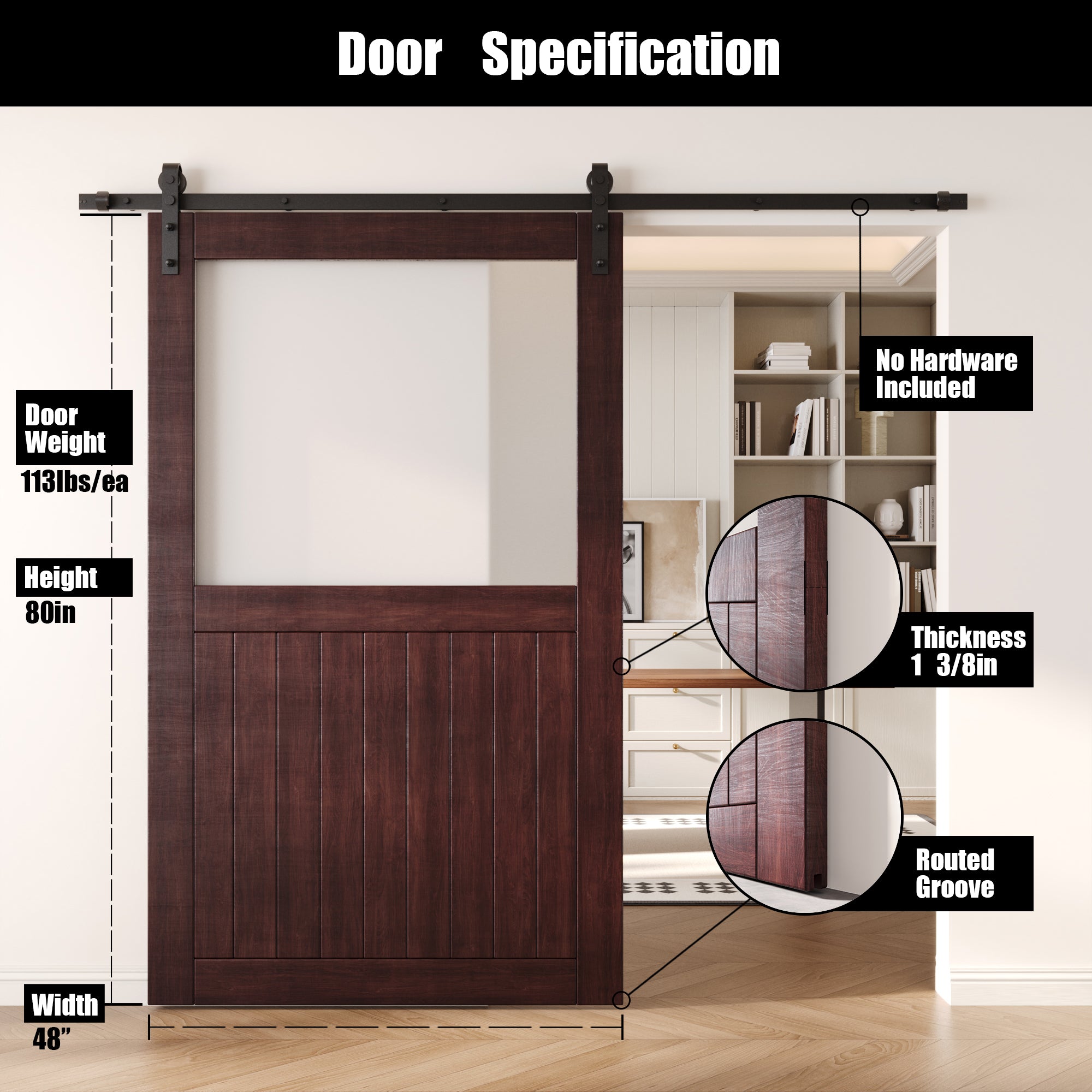 80" Height Red Mahogany Half Lite Frosted Glass Unassembled & Finished Pine Wood Barn Door (Interior Use Only)