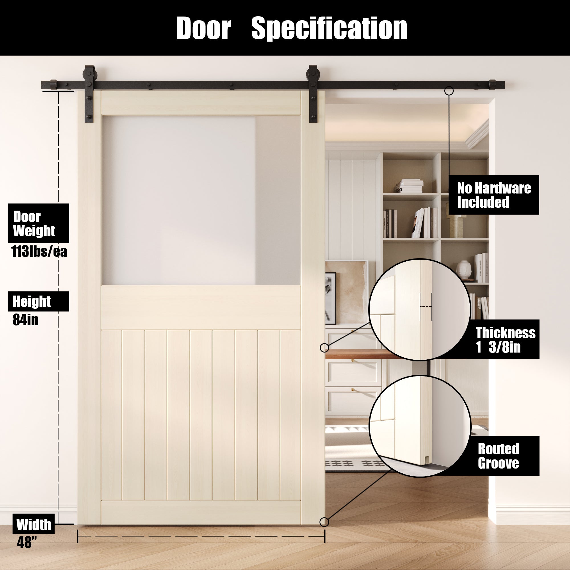 84" Height Tinsmith Gray Half Lite Frosted Glass Unassembled & Finished Pine Wood Barn Door (Interior Use Only)