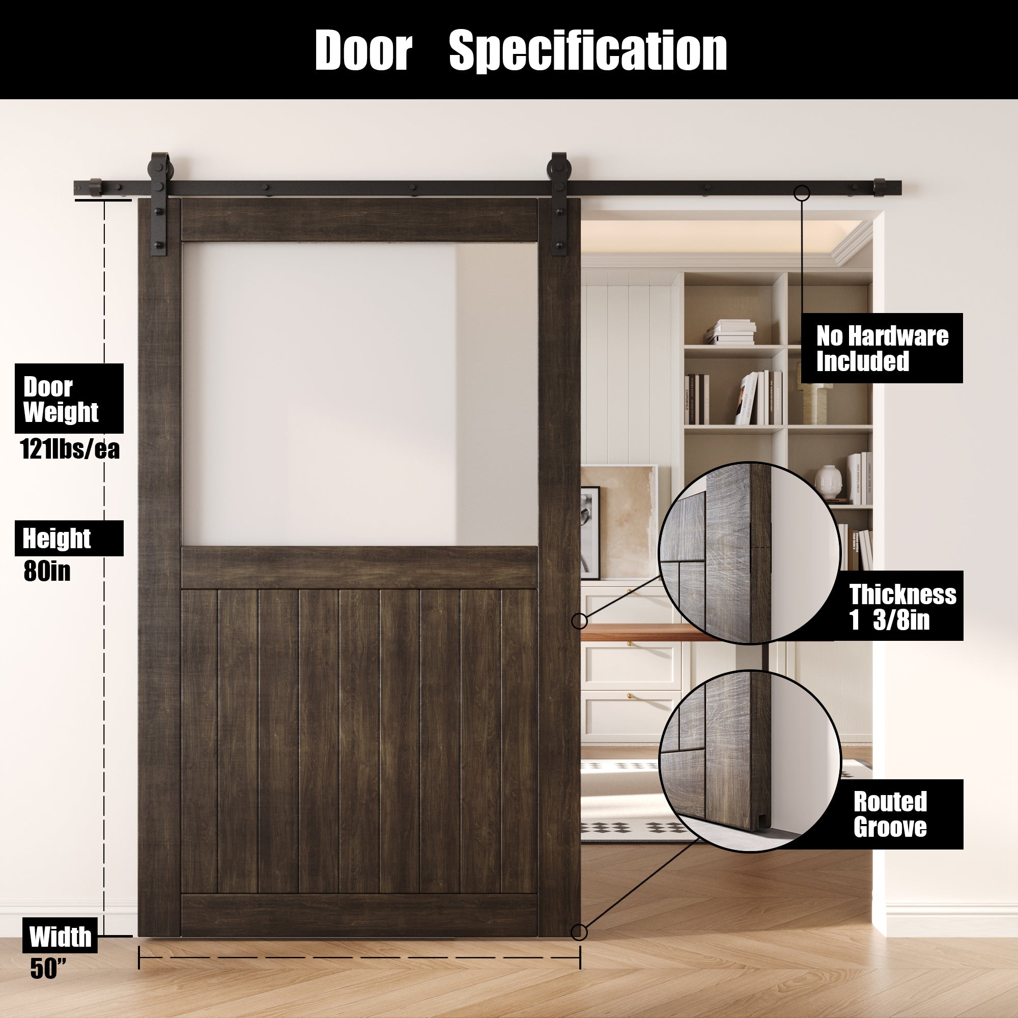 80" Height Ebony Half Lite Frosted Glass Unassembled & Finished Pine Wood Barn Door (Interior Use Only)
