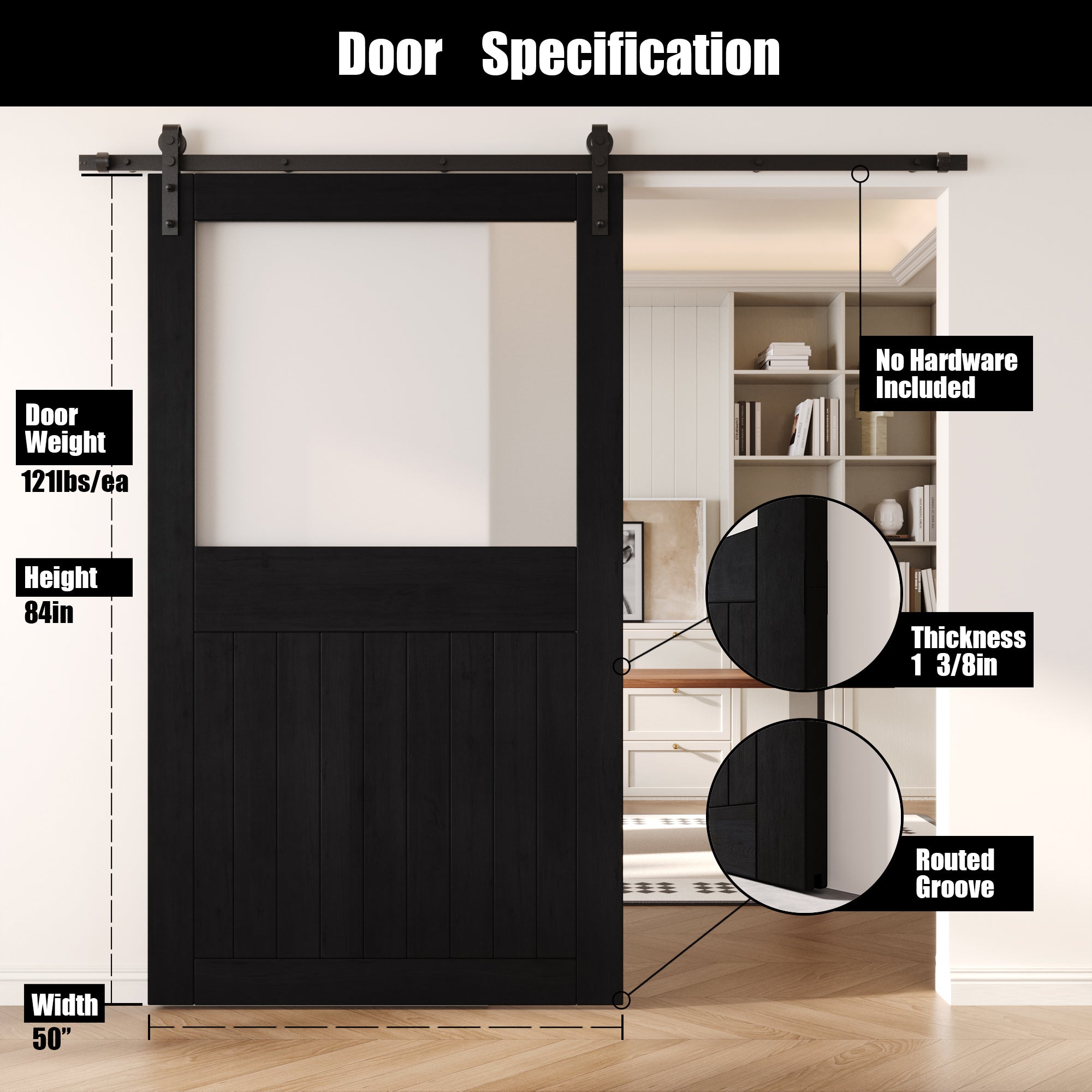 84" Height Black Half Lite Frosted Glass Unassembled & Finished Pine Wood Barn Door (Interior Use Only)