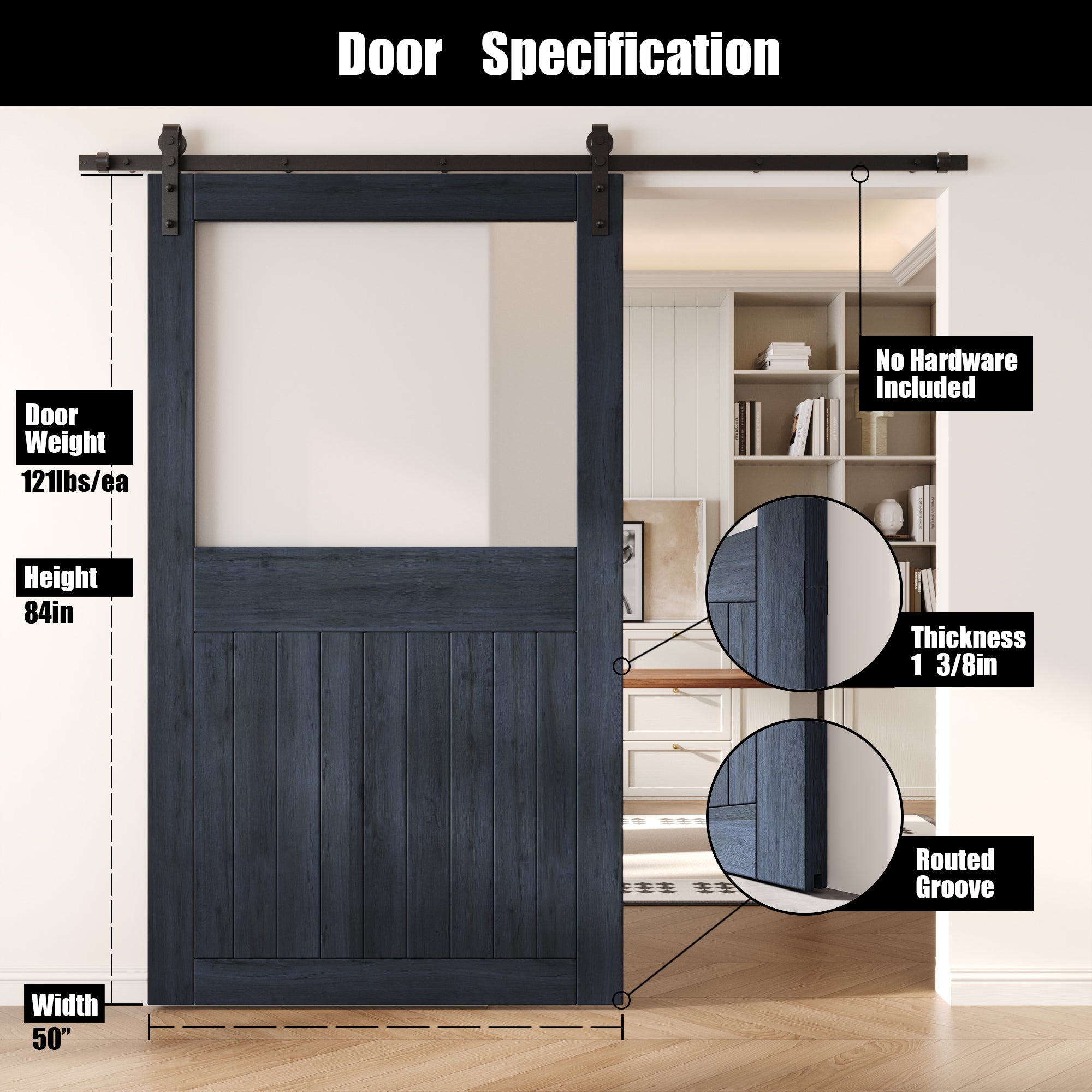 84" Height Navy Half Lite Frosted Glass Unassembled & Finished Pine Wood Barn Door (Interior Use Only)
