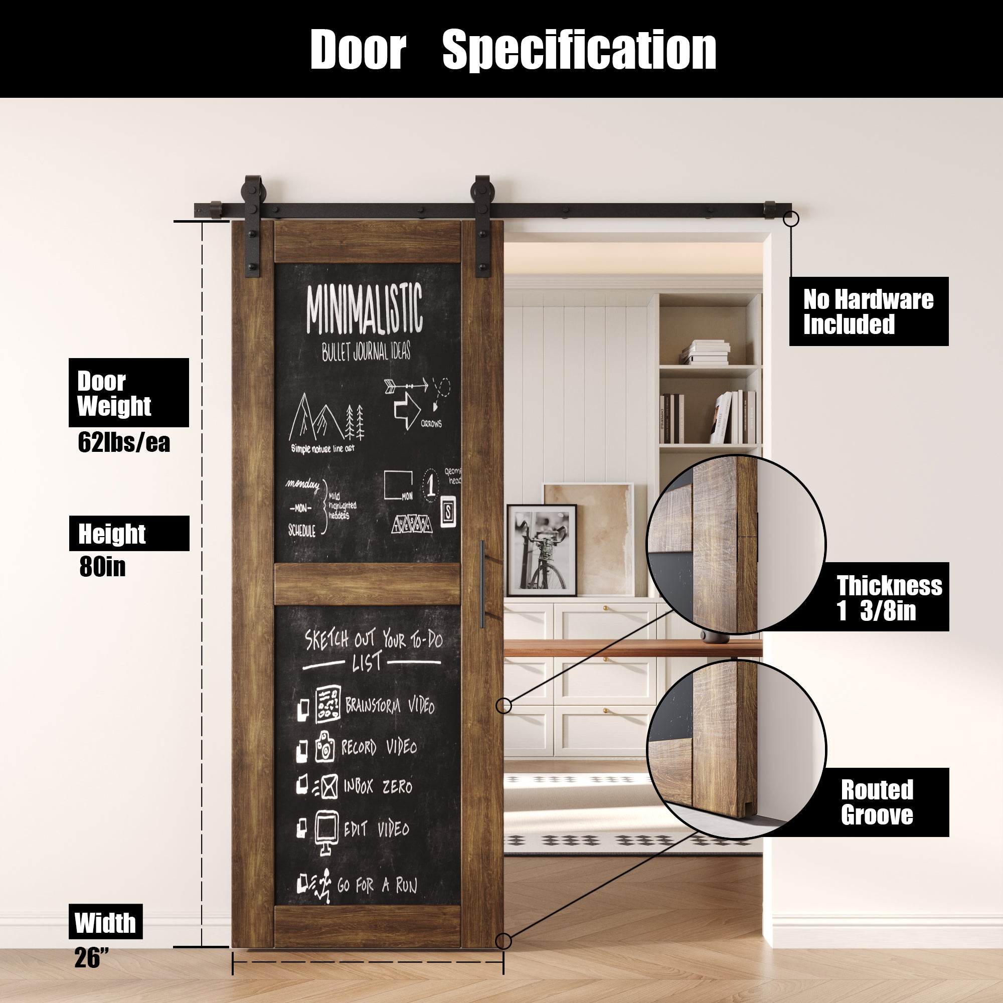 80" Height Dark Walnut Chalkboard Design Unassembled & Finished Pine Wood Barn Door (Interior Use Only)