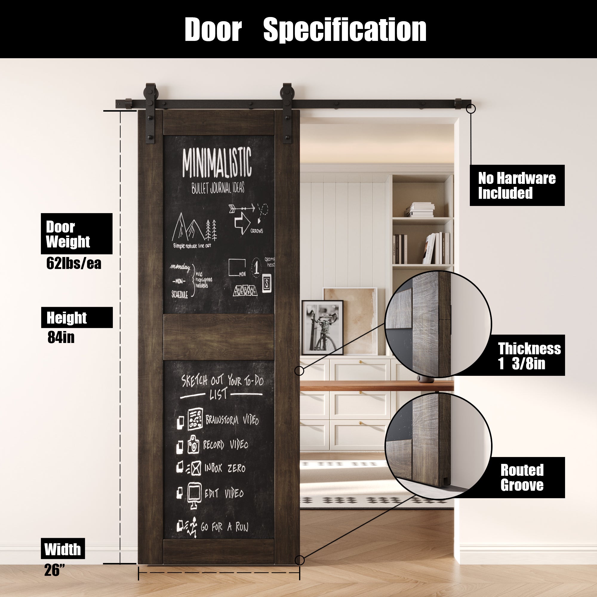 84" Height Ebony Chalkboard Design Unassembled & Finished Pine Wood Barn Door (Interior Use Only)