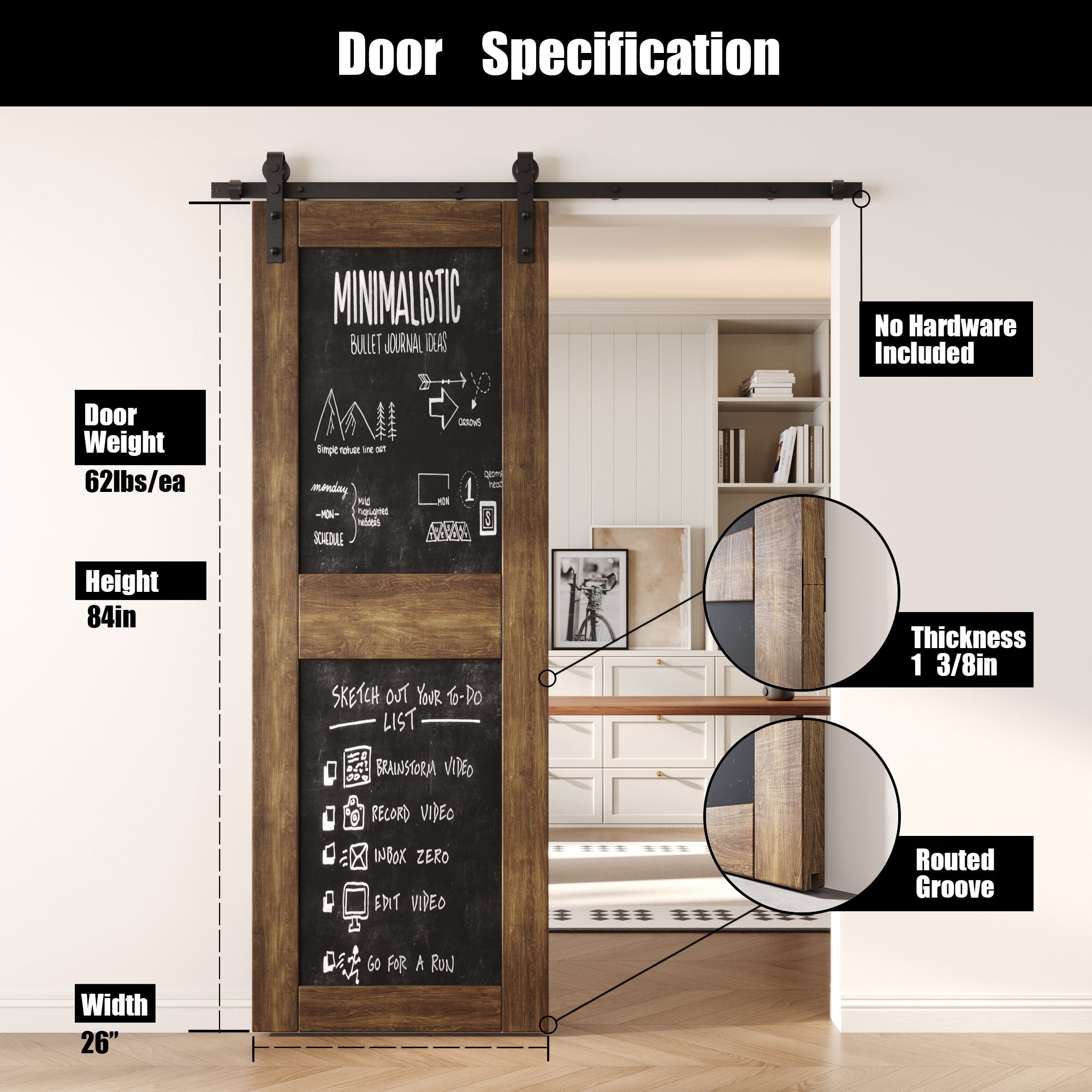 84" Height Dark Walnut Chalkboard Design Unassembled & Finished Pine Wood Barn Door (Interior Use Only)