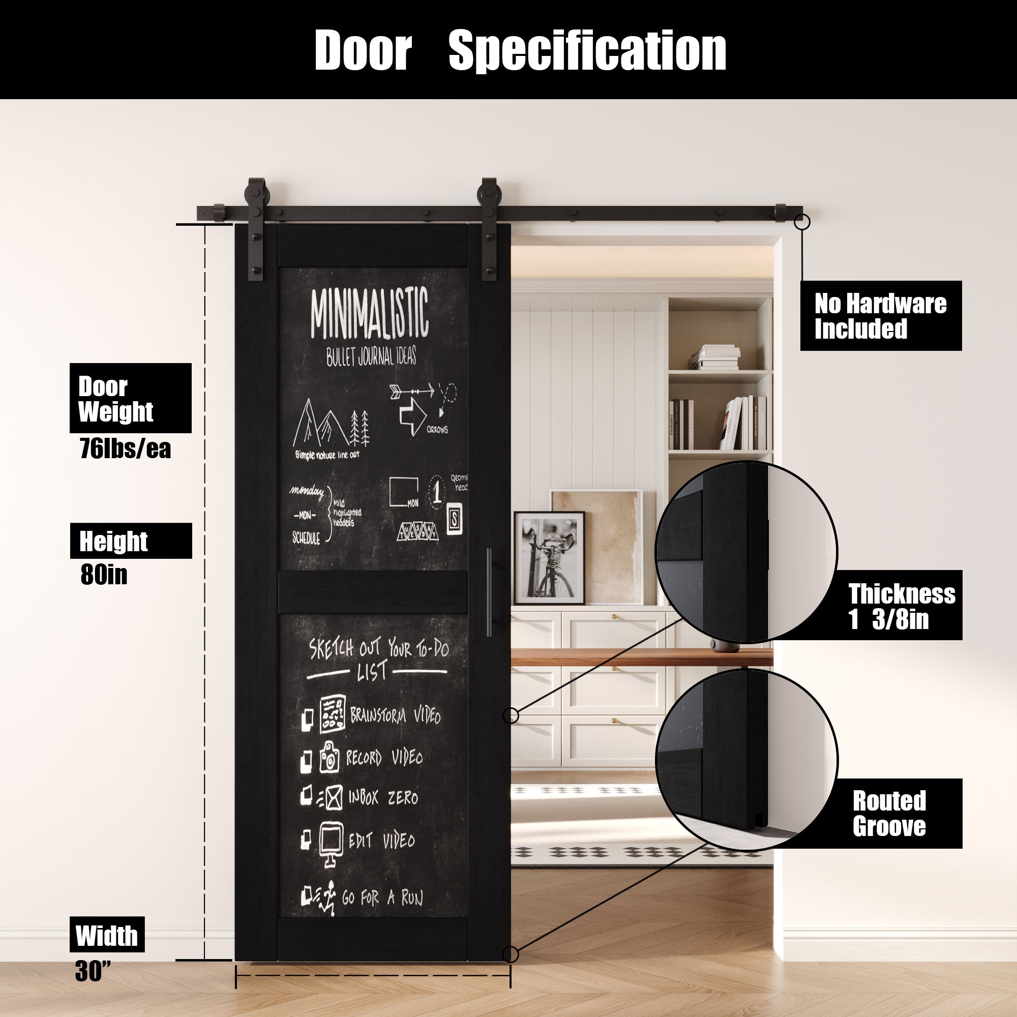 80" Height Black Chalkboard Design Unassembled & Finished Pine Wood Barn Door (Interior Use Only)