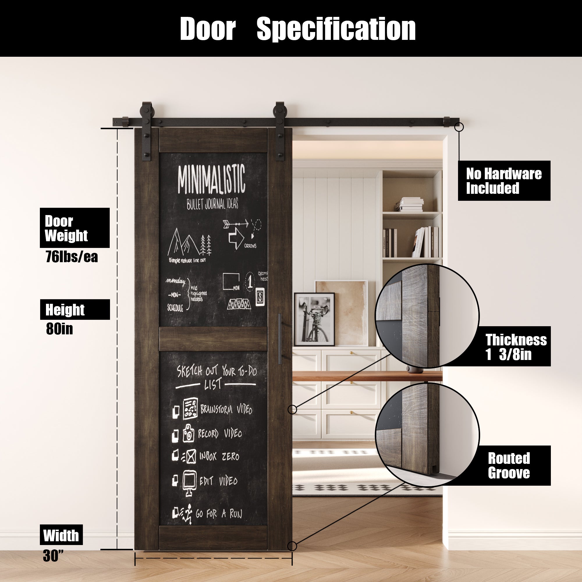 80" Height Ebony Chalkboard Design Unassembled & Finished Pine Wood Barn Door (Interior Use Only)