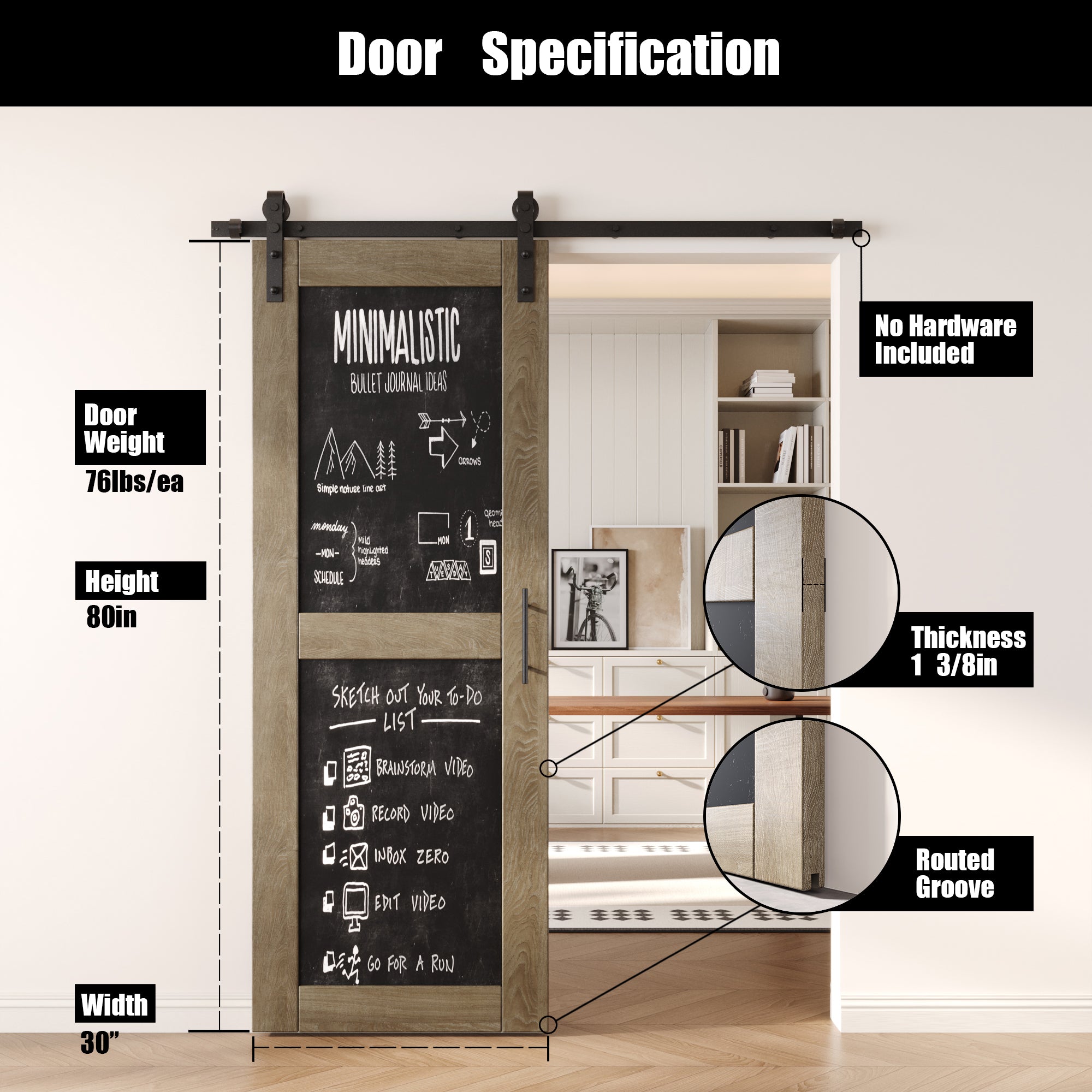 80" Height Classic Gray Chalkboard Design Unassembled & Finished Pine Wood Barn Door (Interior Use Only)