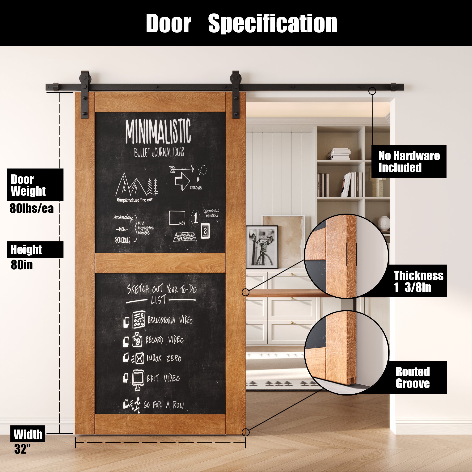 80" Height Early American Chalkboard Design Unassembled & Finished Pine Wood Barn Door (Interior Use Only)