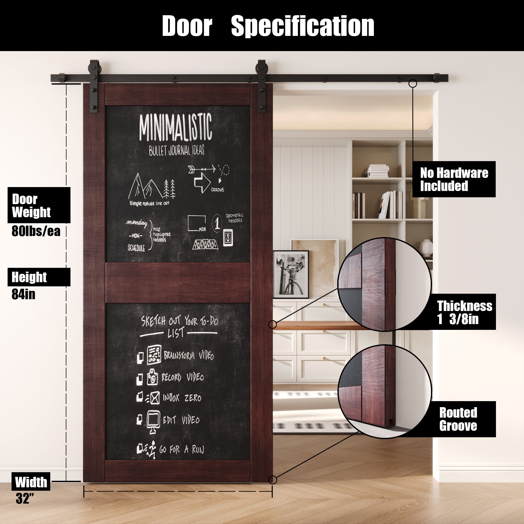 84" Height Red Mahogany Chalkboard Design Unassembled & Finished Pine Wood Barn Door (Interior Use Only)
