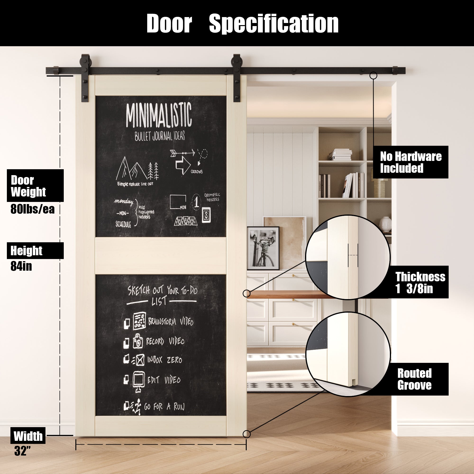 84" Height Tinsmith Gray Chalkboard Design Unassembled & Finished Pine Wood Barn Door (Interior Use Only)