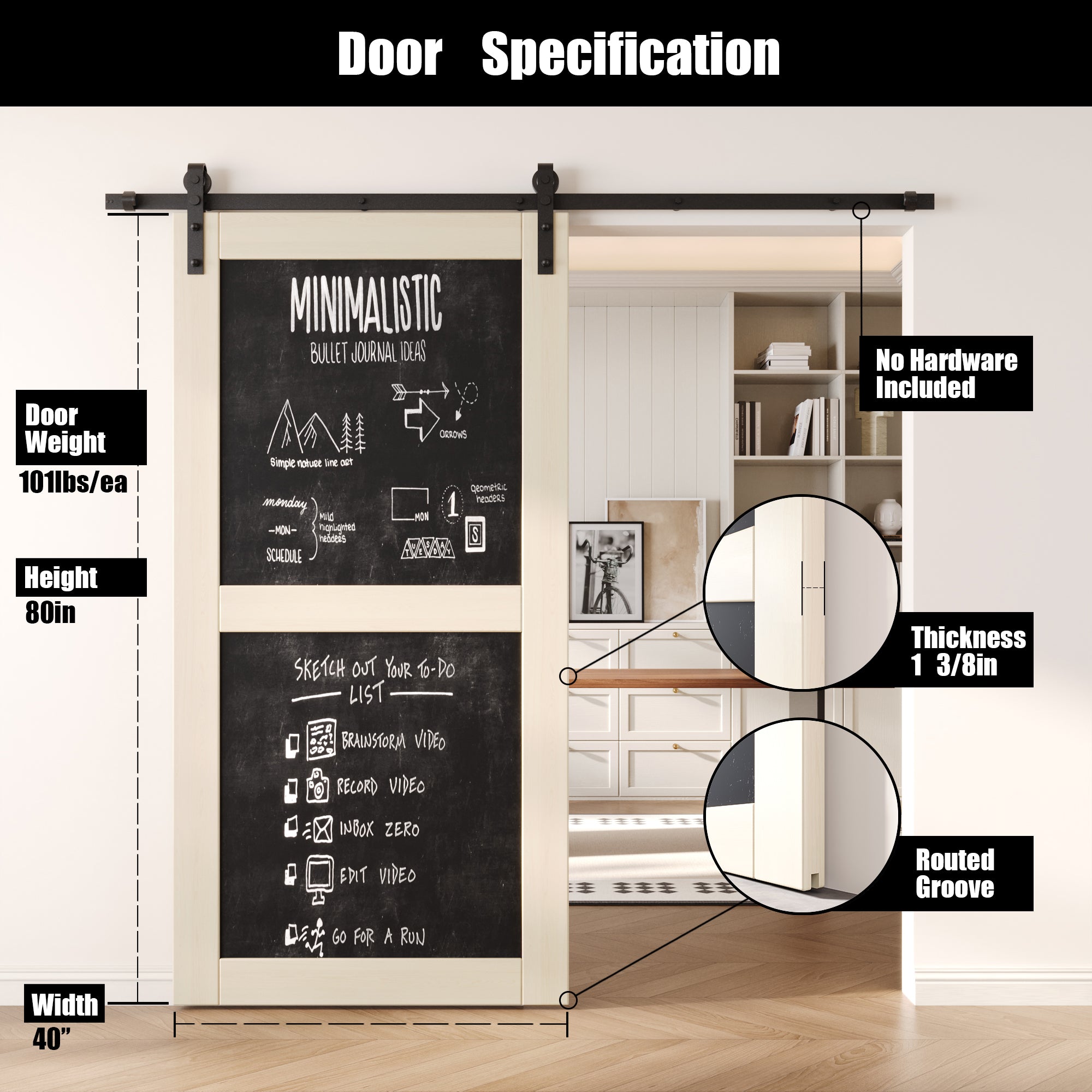 80" Height Tinsmith Gray Chalkboard Design Unassembled & Finished Pine Wood Barn Door (Interior Use Only)